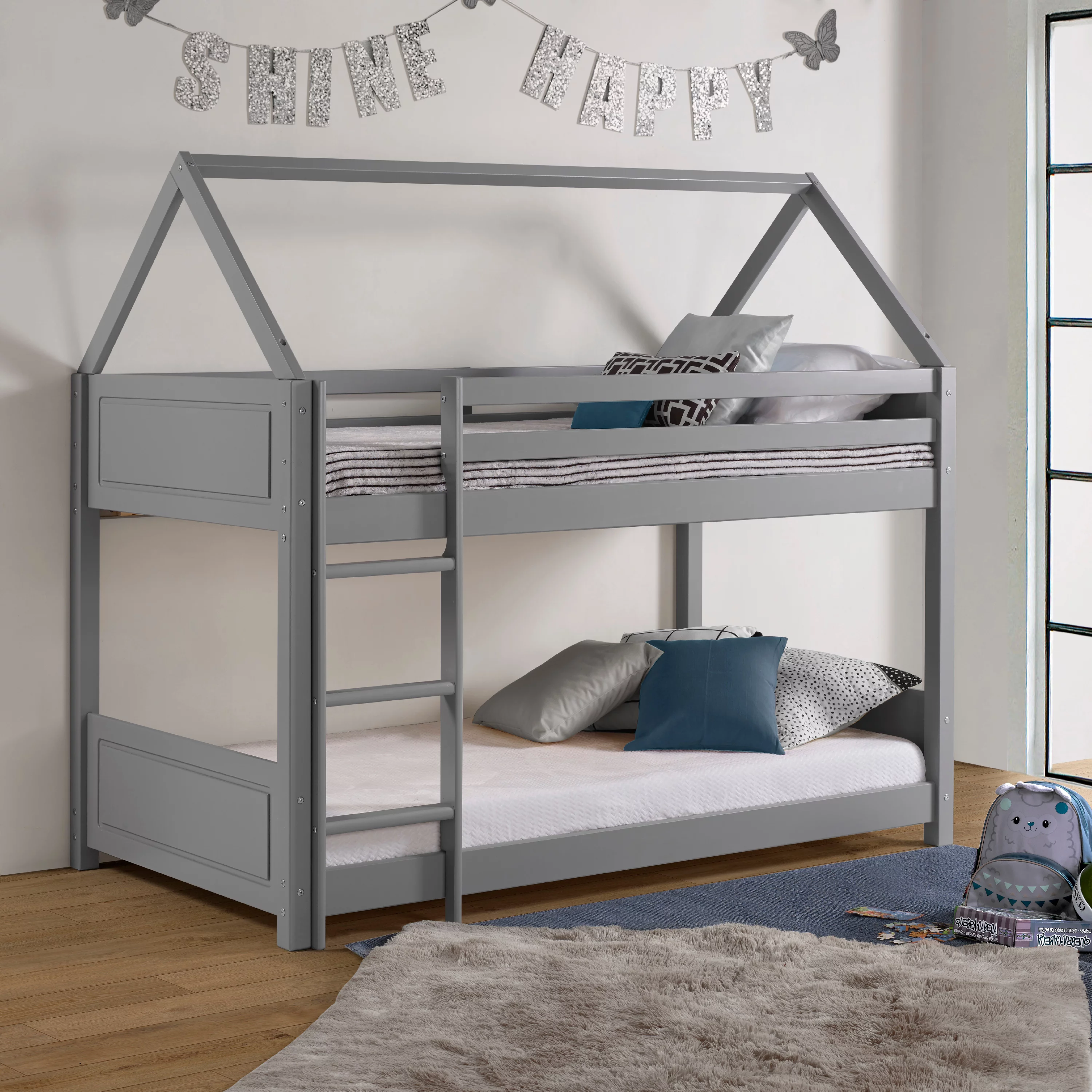 Lodgepole Kid's Twin Over Twin A-Frame Bunk Bed with Built-In Ladder, Gray