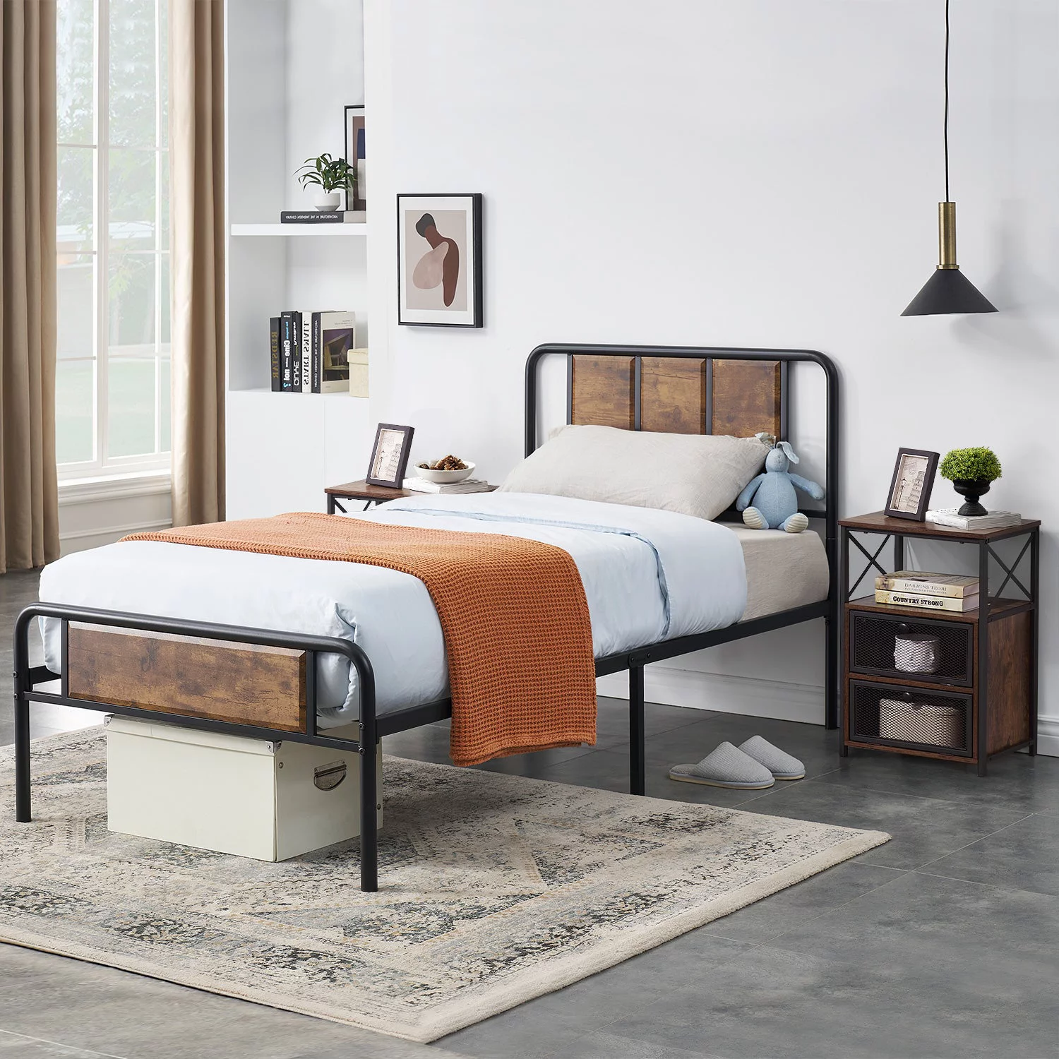 VECELO 3 Piece Bedroom Set Twin Size Bed Frame and 2 Nightstands
