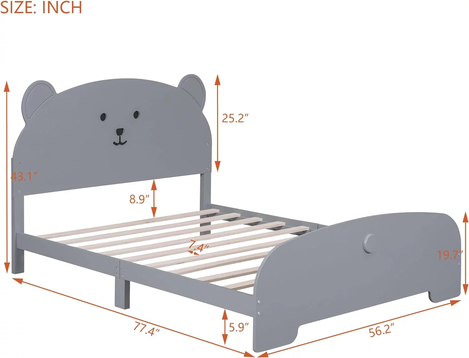 Full Size  Bed, Wood Platform Bed With Bear-Shaped Headboard And Footboard For , Teens, Boys & Girls,No Box Spring Needed(Grey)