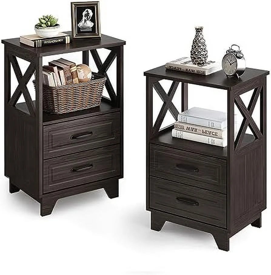 KHBIULIFE Nightstand with 2 Drawers Set of 2 Tall End Table with Wooden X-Design for Bedroom Living Room Brown