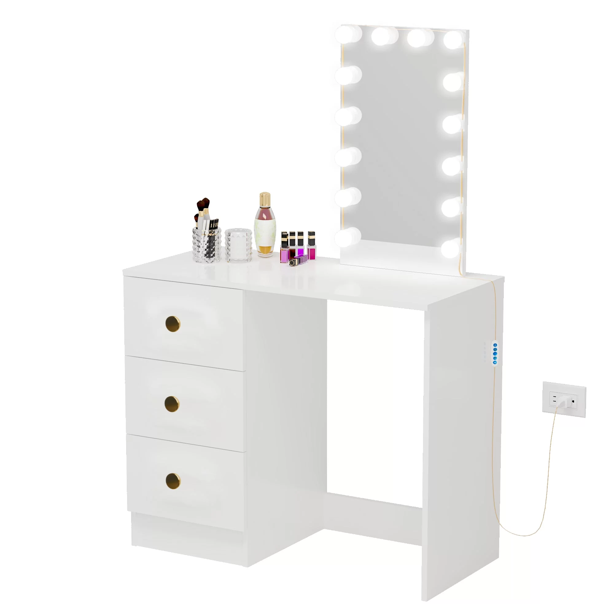 Ember Interiors Ava Modern Vanity Table with Lights, Golden Knobs, for Bedroom, White