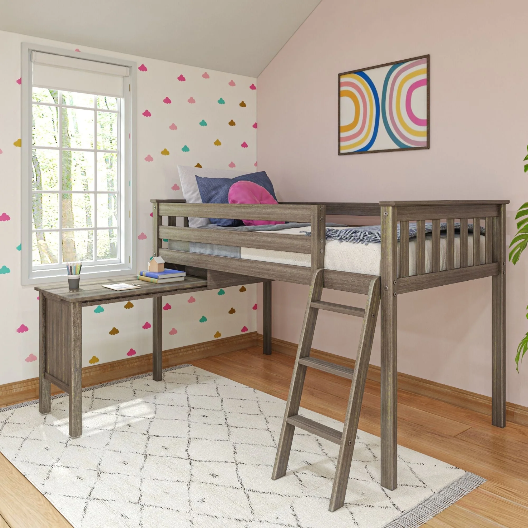 Max & Lily Twin Loft Bed, Modern Solid Wood Loft Bed with Pull Out Desk and Ladder for Kids, Clay