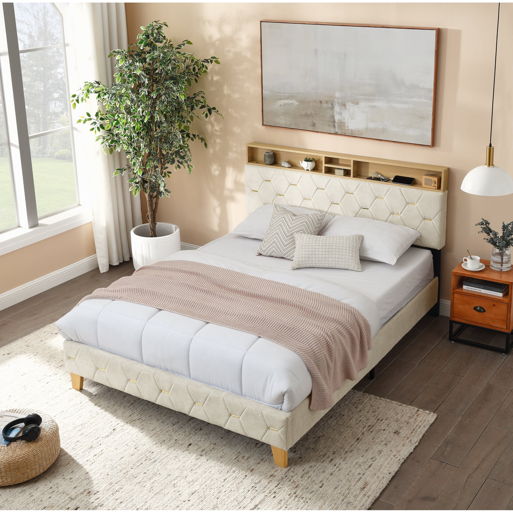 Queen Size Bed Frame, Shelf Upholstered Headboard, Platform Bed with Outlet & USB Ports, Wood Legs, No Box Spring Needed, Easy Assembly, Beige