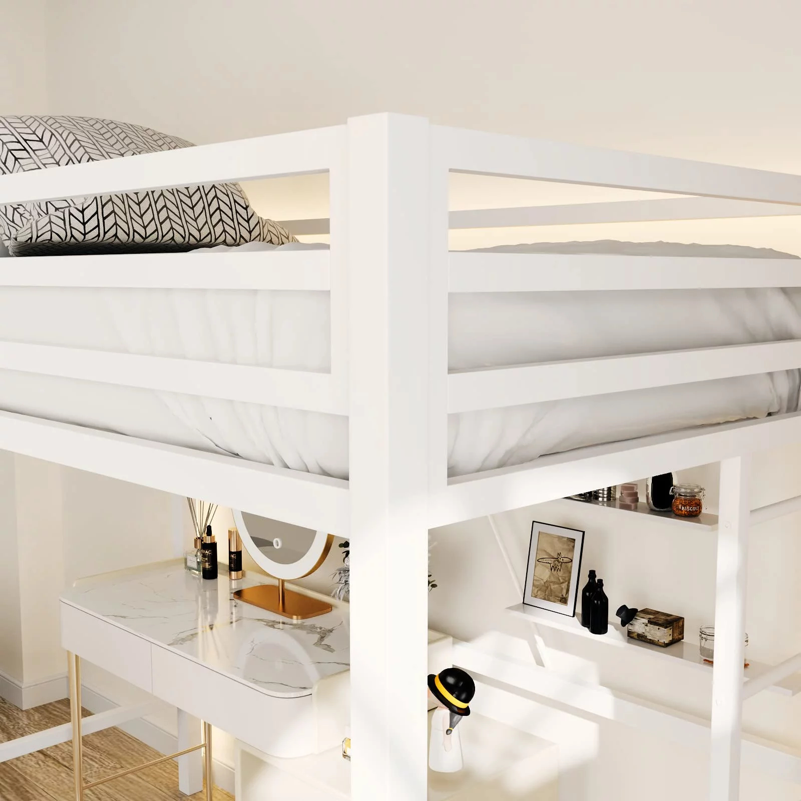 Einfach Twin Size Loft Bed, Removable Metal Ladder, White