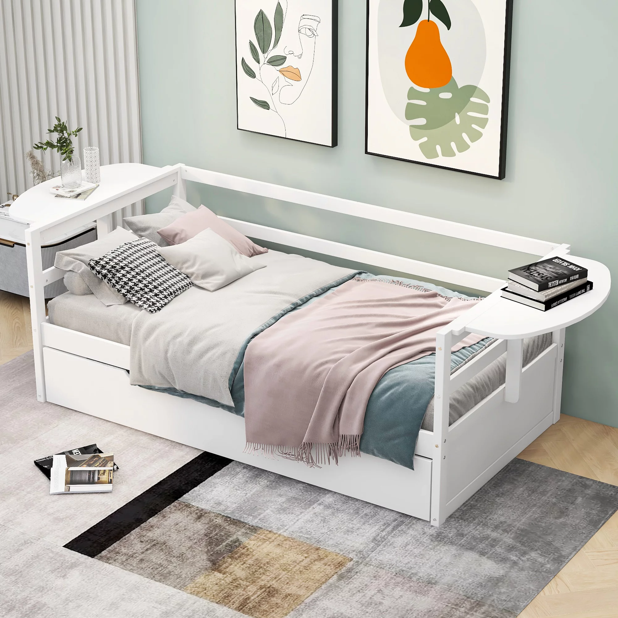 CoSoTower Twin Size Daybed with Trundle and Foldable Shelves on Both Sides, White