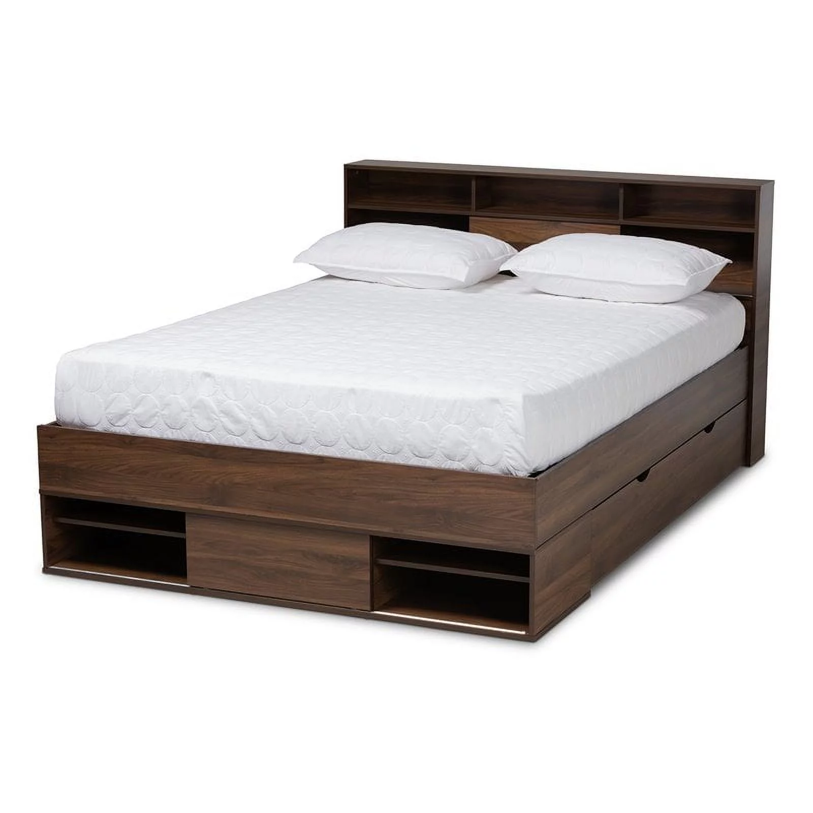 Bowery Hill Queen Size Walnut Wood 1-Drawer Wood Platform Storage Bed