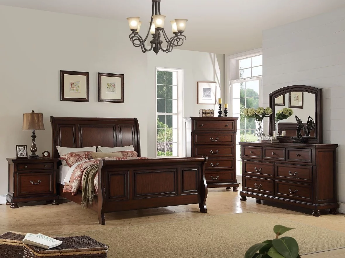 Antique Sleigh Bed Bedroom Cherry Veneer Wooden 1pc California King Size Bed HB FB Rails MDF Pine Formal Bedframe