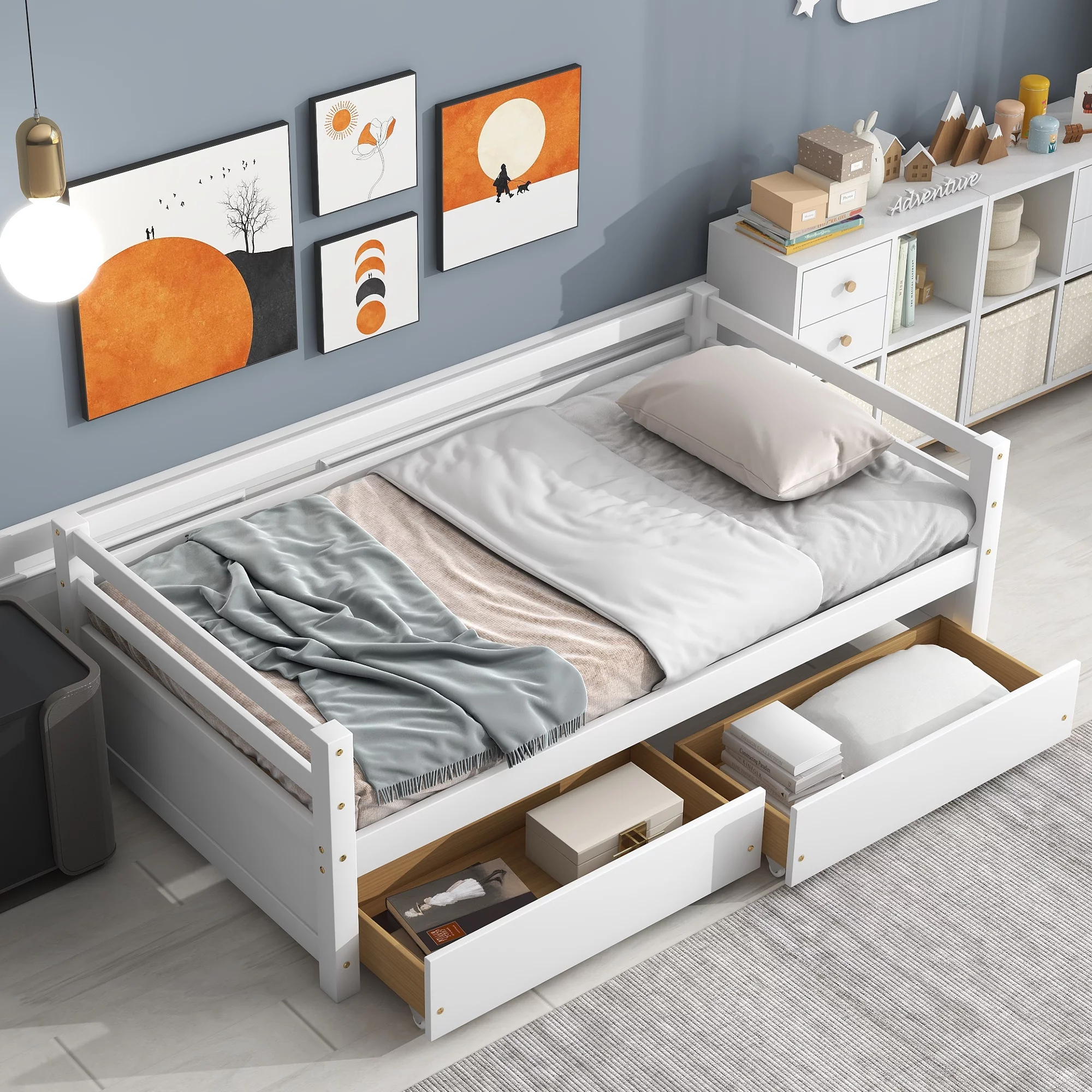 Gewnee Twin Size Daybed with Two Storage Drawers,Wood Sofa Bed for Kids Bedroom,White