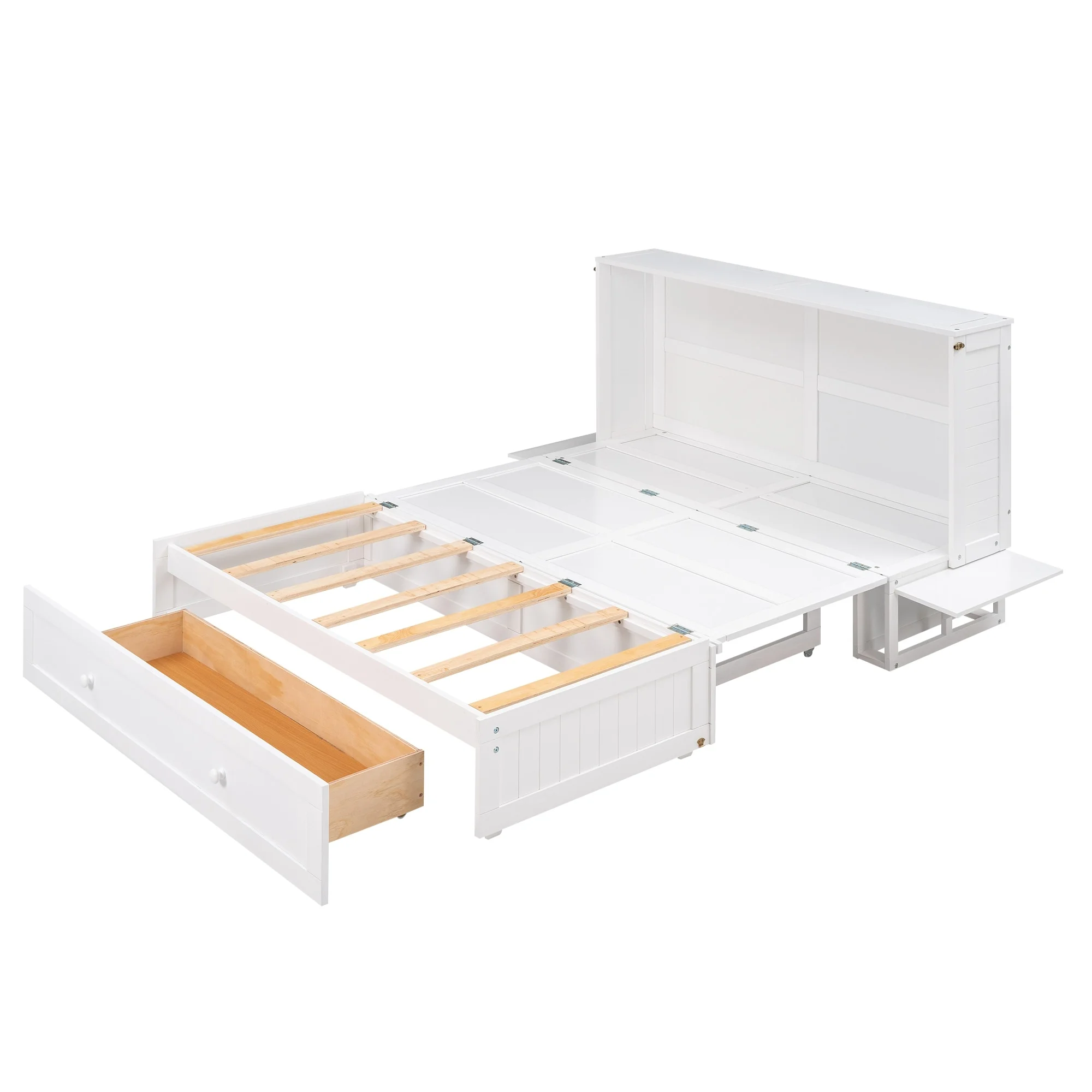 Queen Cube Cabinet Bed, Space-Saving Murphy Bed with Drawer and Side Shelves for Multipurpose Guest Room or Home Office