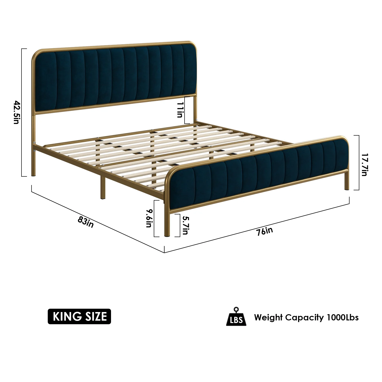 Homfa King Size Bed Frame, Round Metal Tube Heavy Duty Bed Frame with Tufted Upholstered Headboard, Gold and Blue