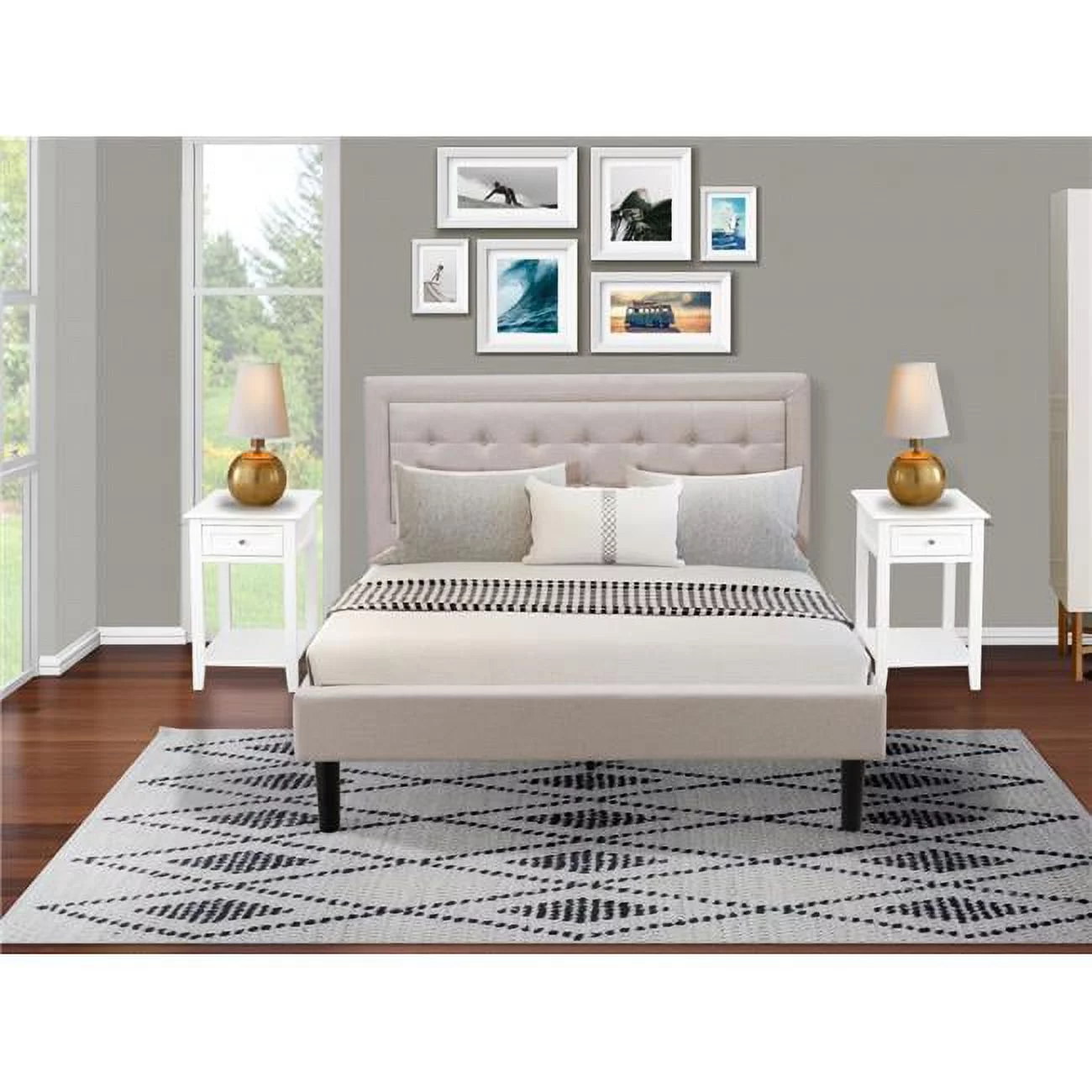 3 Piece Fannin Platform Queen Size Bedroom Set - Mist Beige, Black & Distressed Jacobean