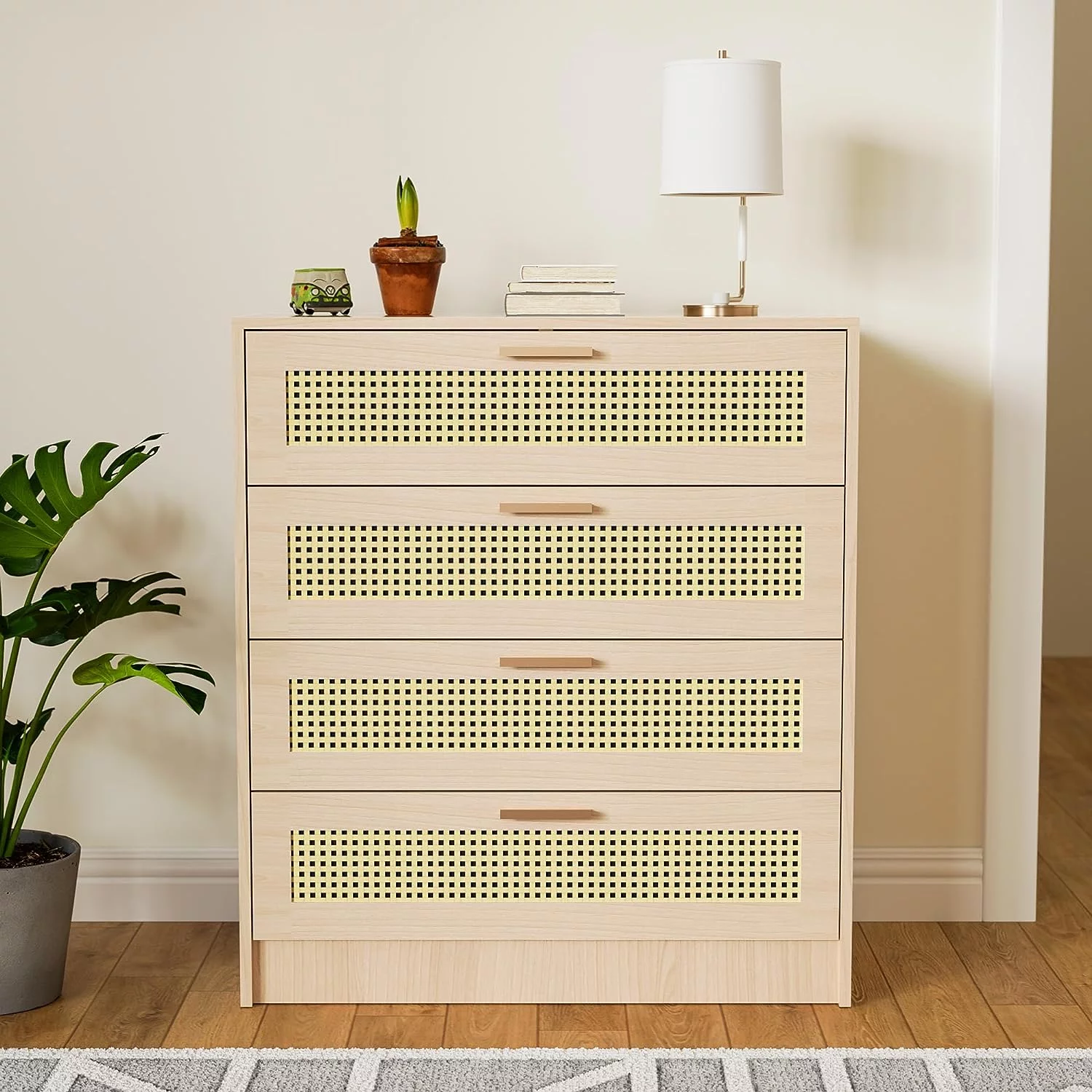 Cozy Castle Boho 4 Drawer Dresser, Wooden Chest of Drawers with Metal Handles, Modern Rattan Dresser for Bedroom, Oak
