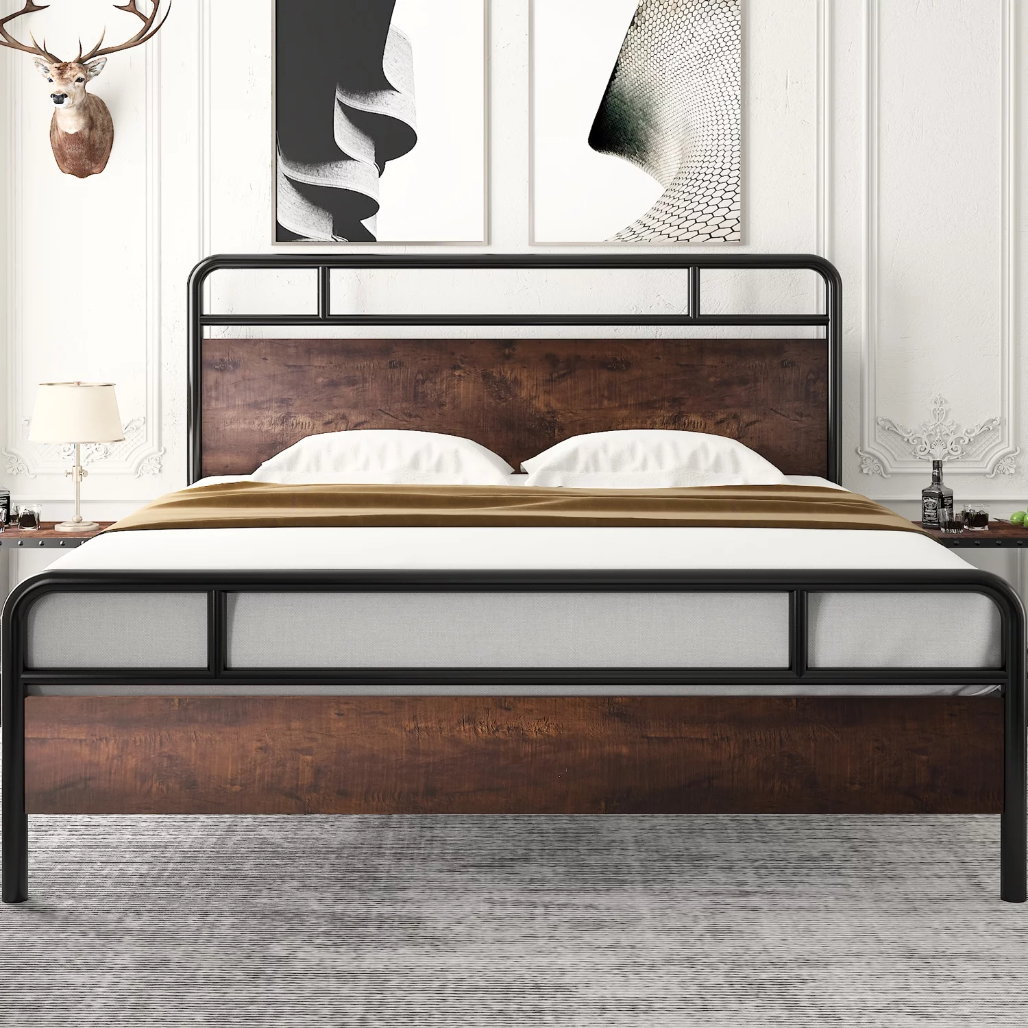 Amolife King Size Modern Heavy Duty Metal Platform Bed Frame with Wood Headboard, Sanders