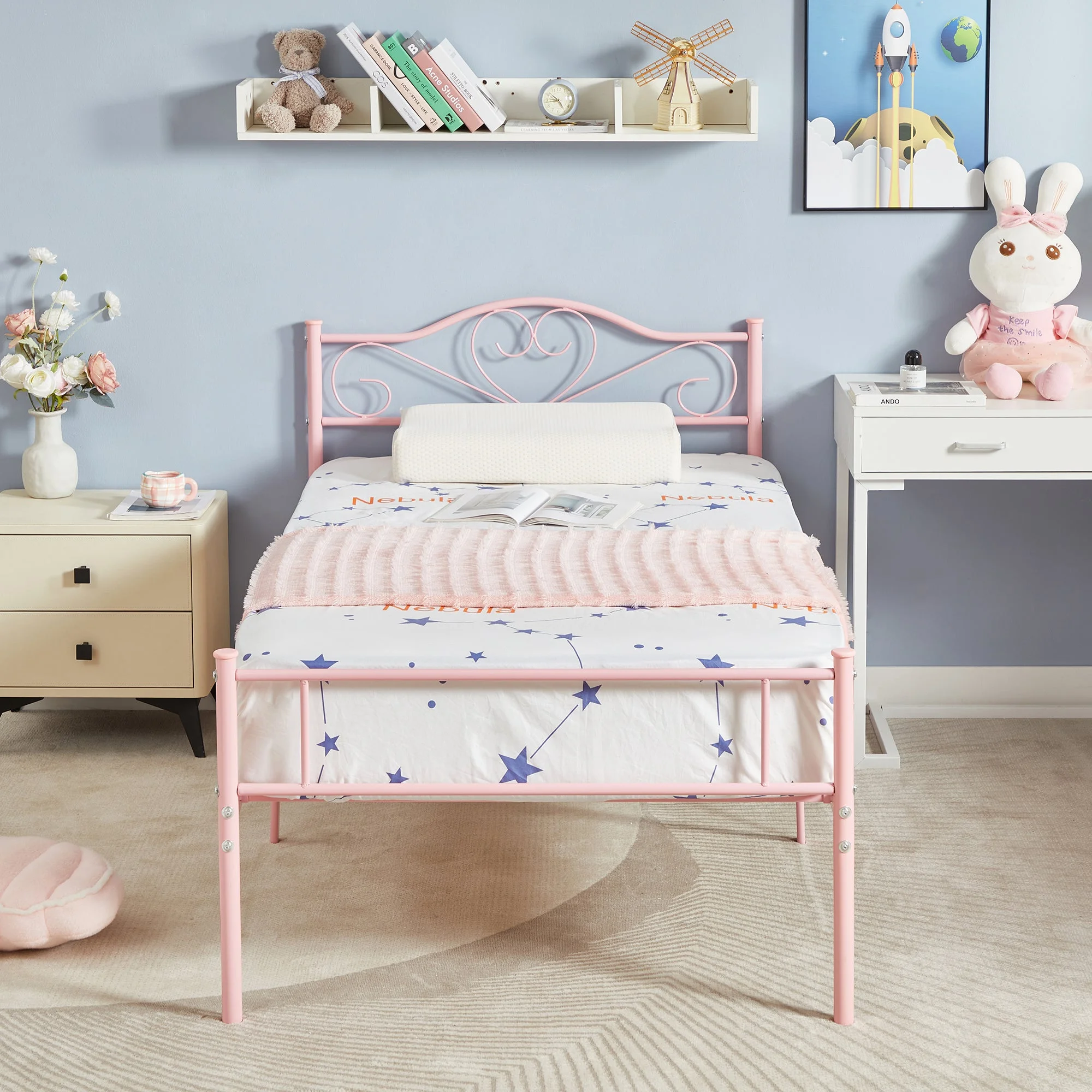 VECELO Set of 2 Twin Size Metal Platform Bed Frame with Headboard and Footboard, No Box Spring Needed, Pink