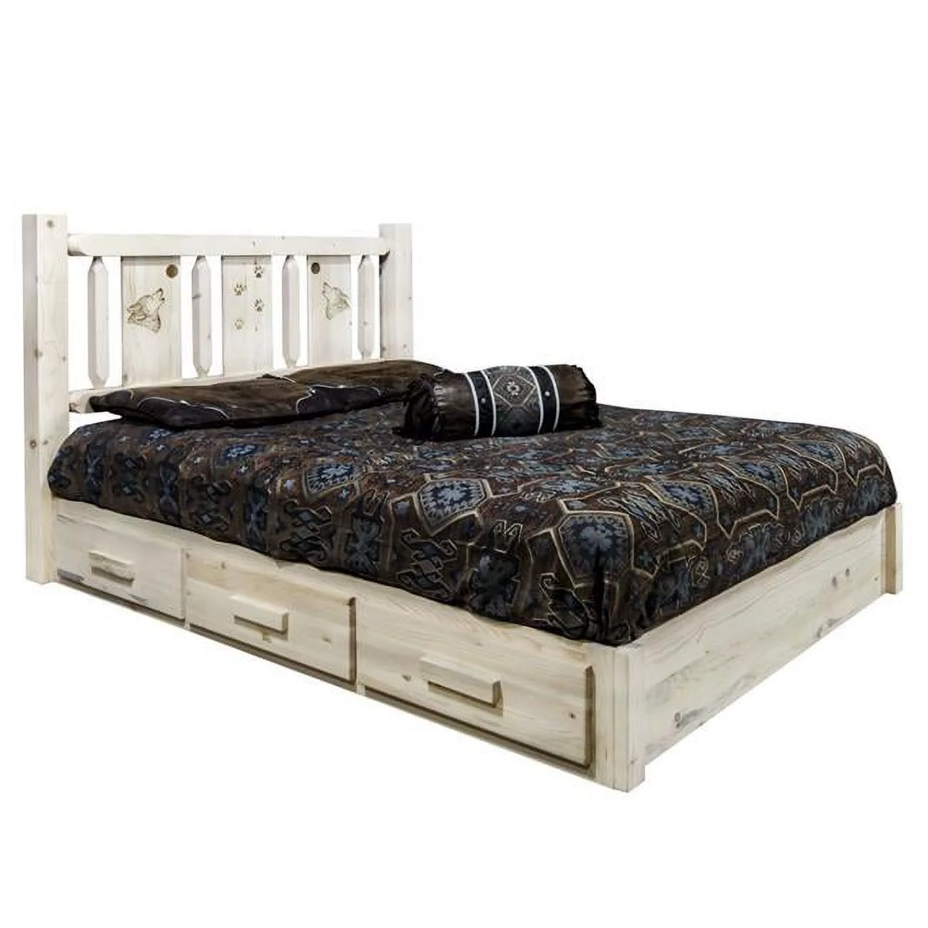 Homestead Collection Platform Bed with Storage, Full Size with Laser Engraved Wolf Design, Ready to Finish
