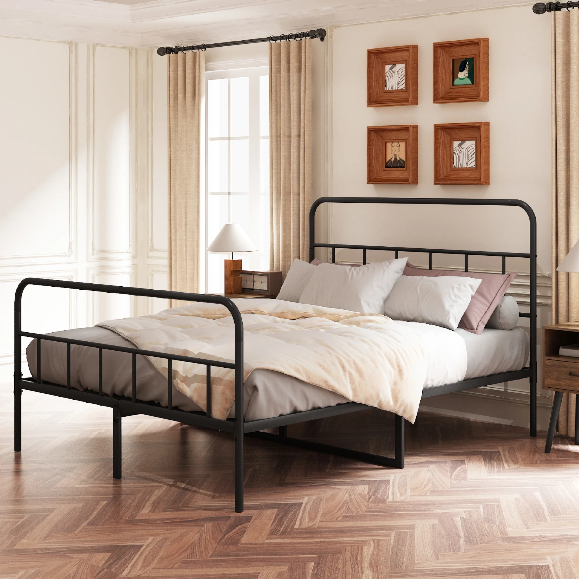 Modern Queen Metal Platform Bed Frame with Headboard, Sturdy Construction, No Need for Box Spring