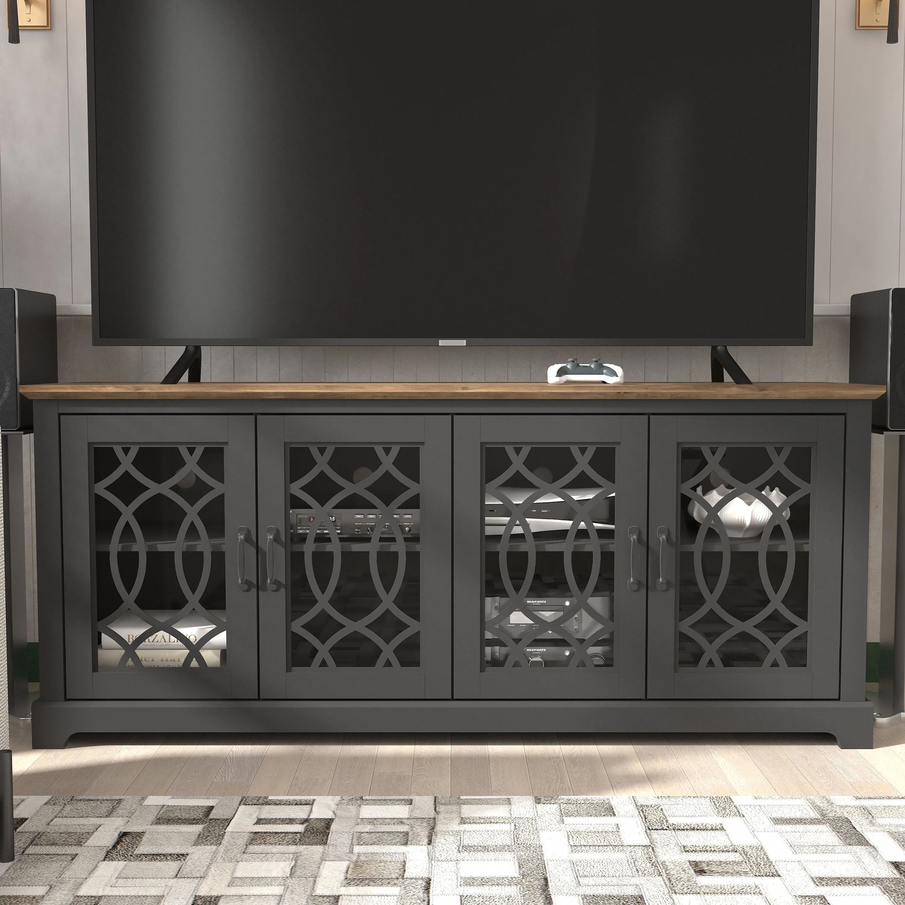 Raccon 68.2 in. Ivory with Knotty Oak Wide TV Stand Fits TV's up to 75 in.