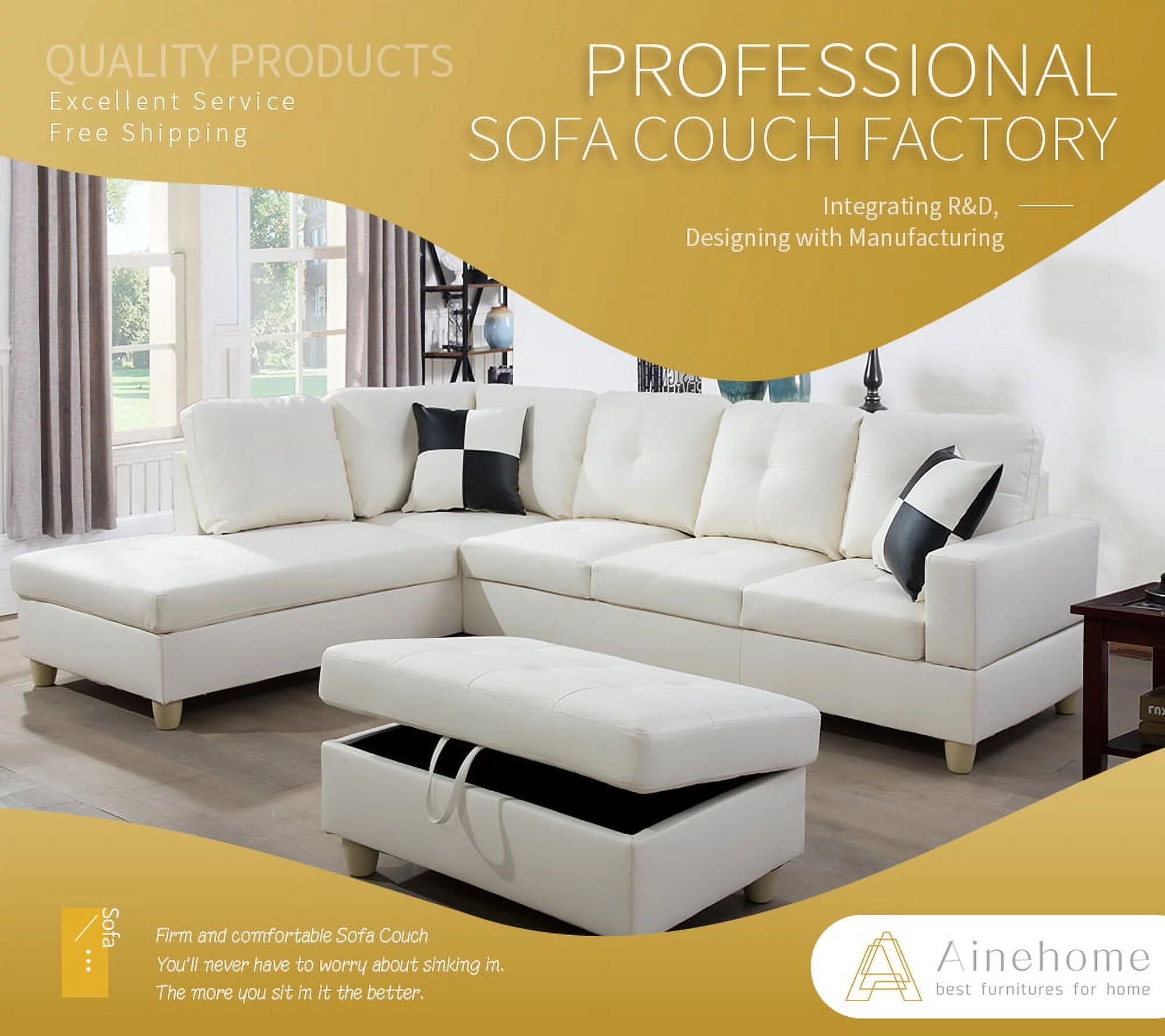PonLiving Cream 103.5'' Left Facing Sleeper Sectional with Storage Ottoman, Living Room Sectional Couches Set, White Leather