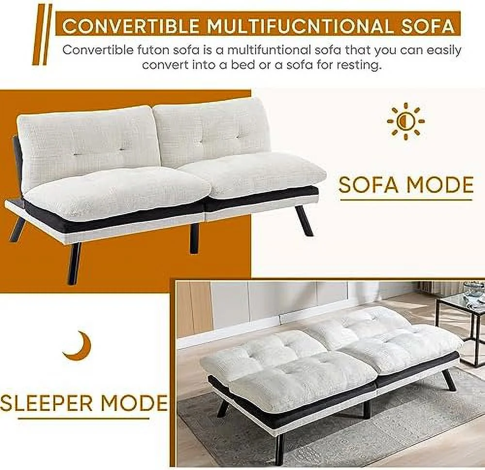 HOOMHIBIU Futon Sofa Bed  Convertible Sleeper Couch Memory Foam Small Splitback Loveseat for Living Room  Upholstered Love Seat with Adjustable Backrest and 6 Metal Legs  Thicker Cushion