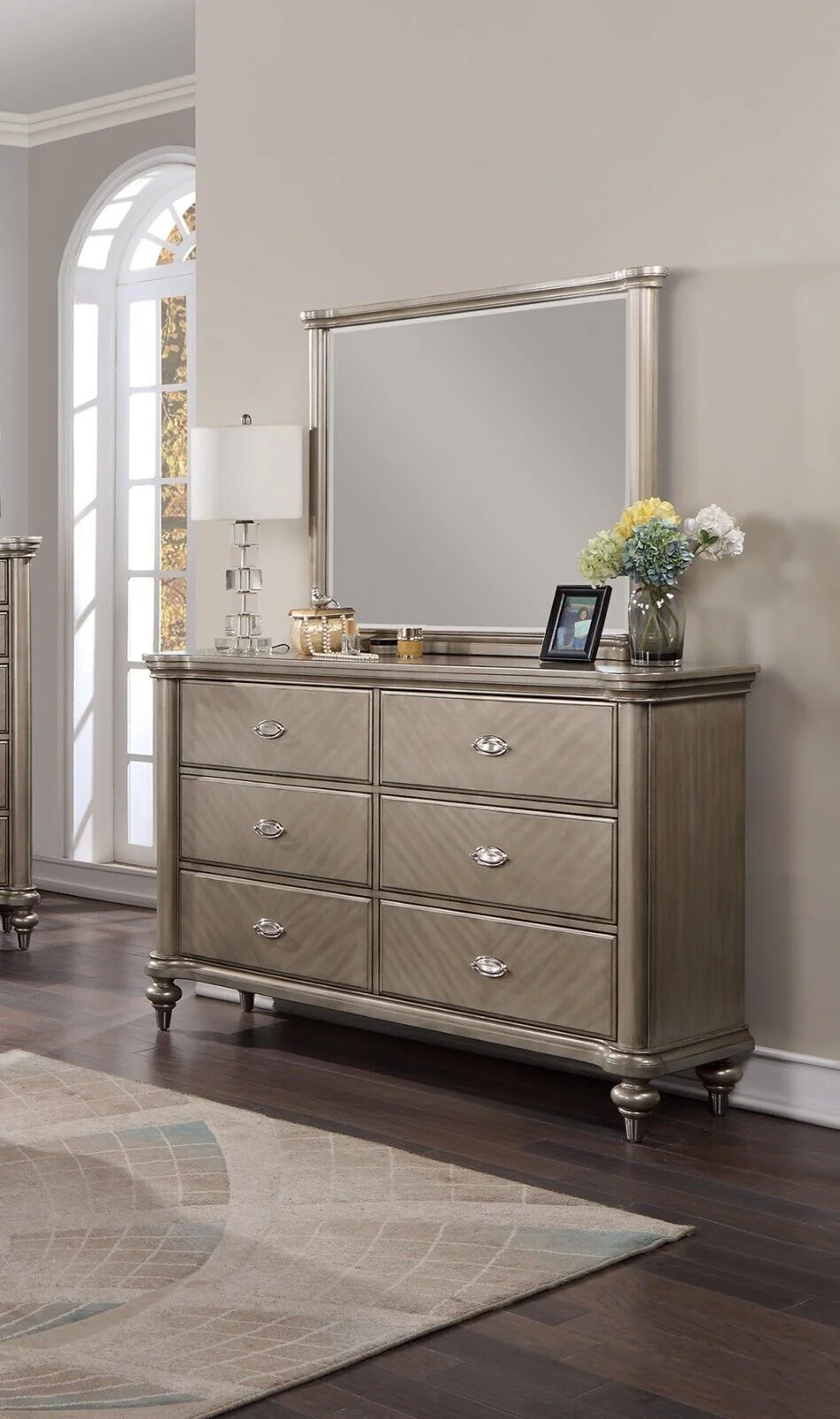 Formal Grey Finish 4p Bedroom Furniture California King Size Bed Dresser Mirror Nightstand Sleigh HB Upholstered HB Classic FB