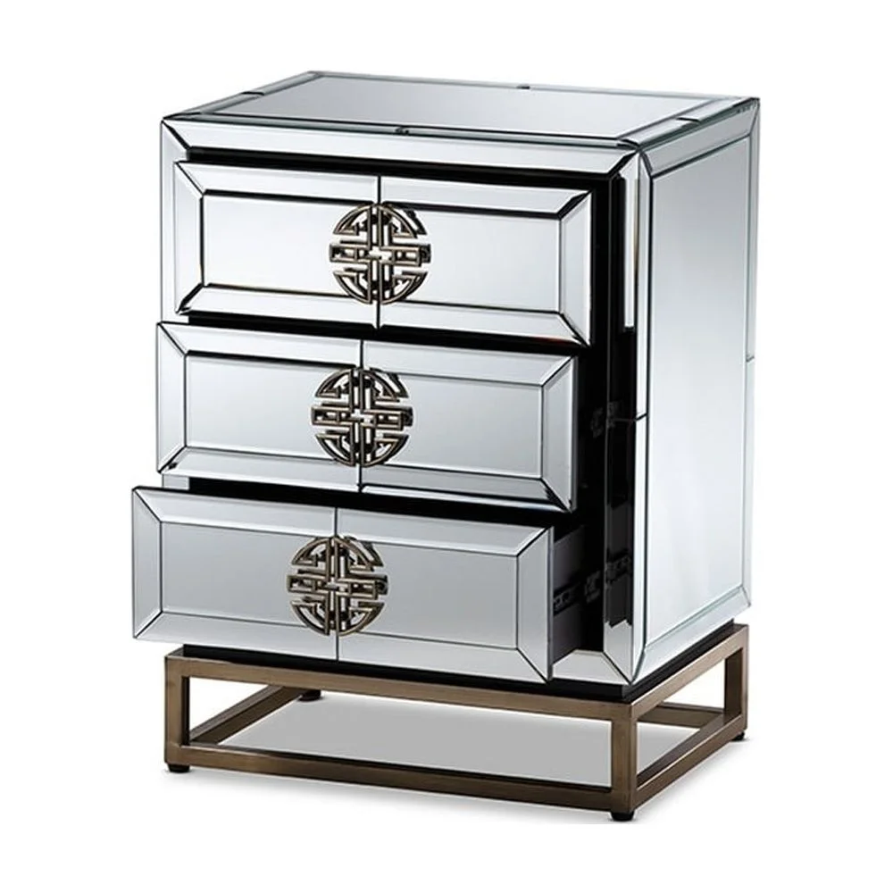 Laken Contemporary Glam and Luxe Mirrored and Antique Bronze Finished 3-Drawer Nightstand