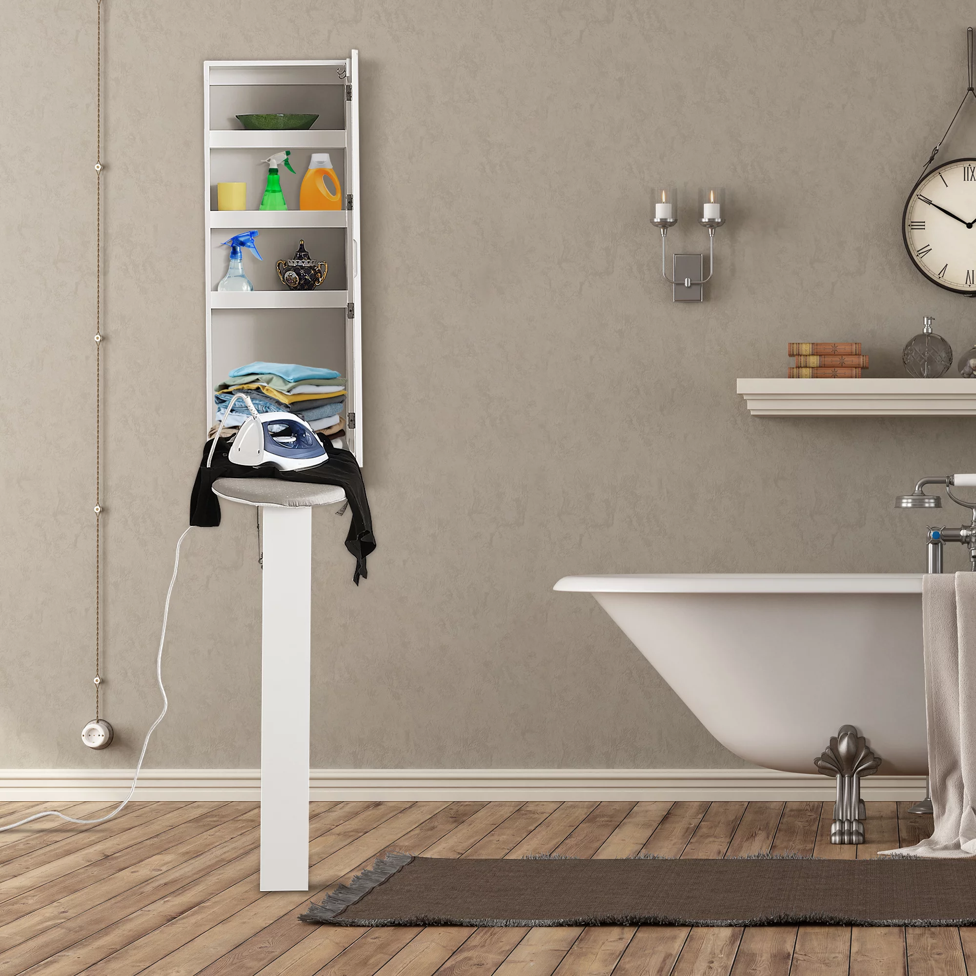 Organizedlife Ironing Board Cabinet White Hide Away Cabinet Storage Wall Mount with Mirrored Door