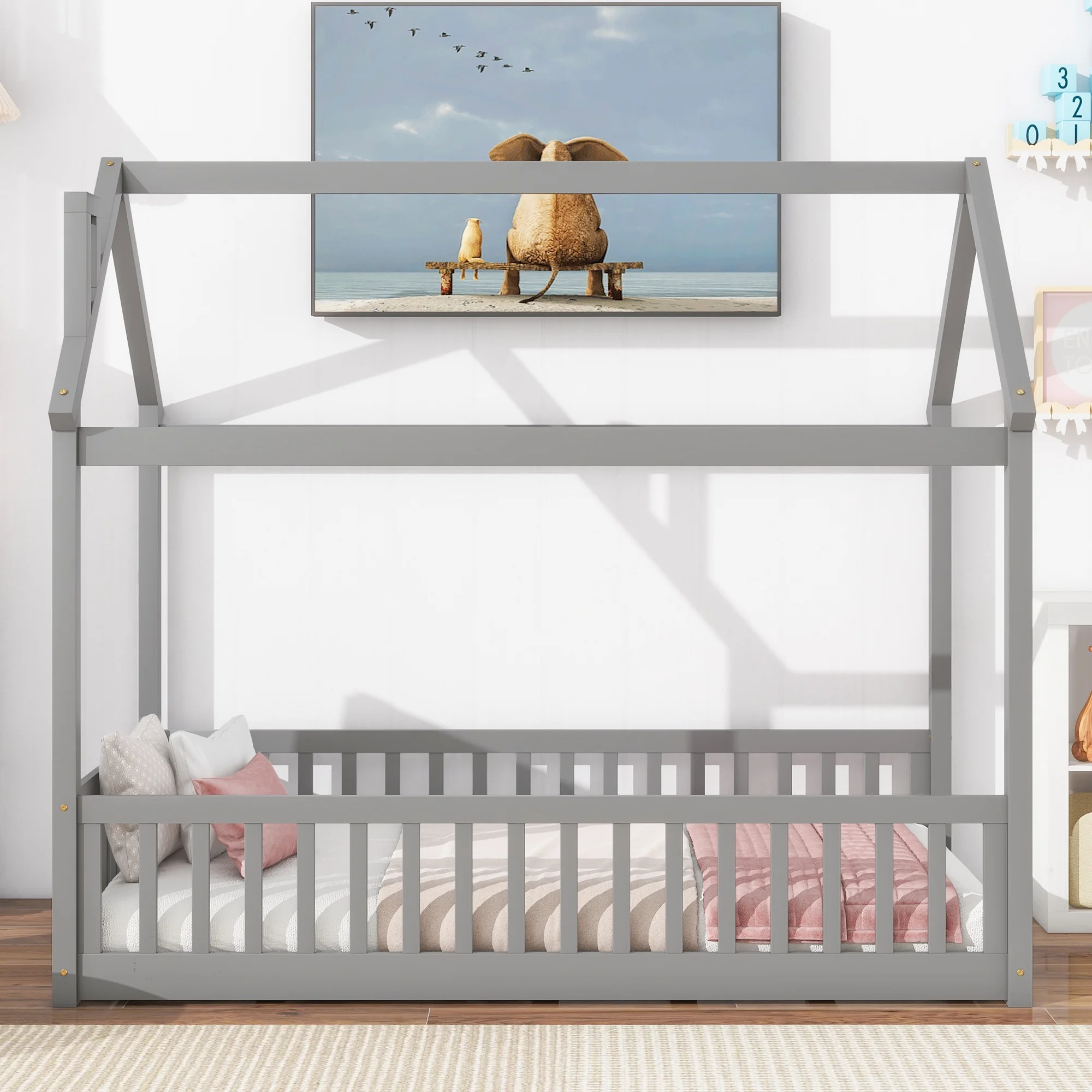 Bellemave Twin Size Floor House Bed Frame with Fence Guardrails and Slats Playhouse Twin Bed Frame Montessori Floor Bed for Kids, Toddler, Boys, Girls, No Box Spring Needed, Gray