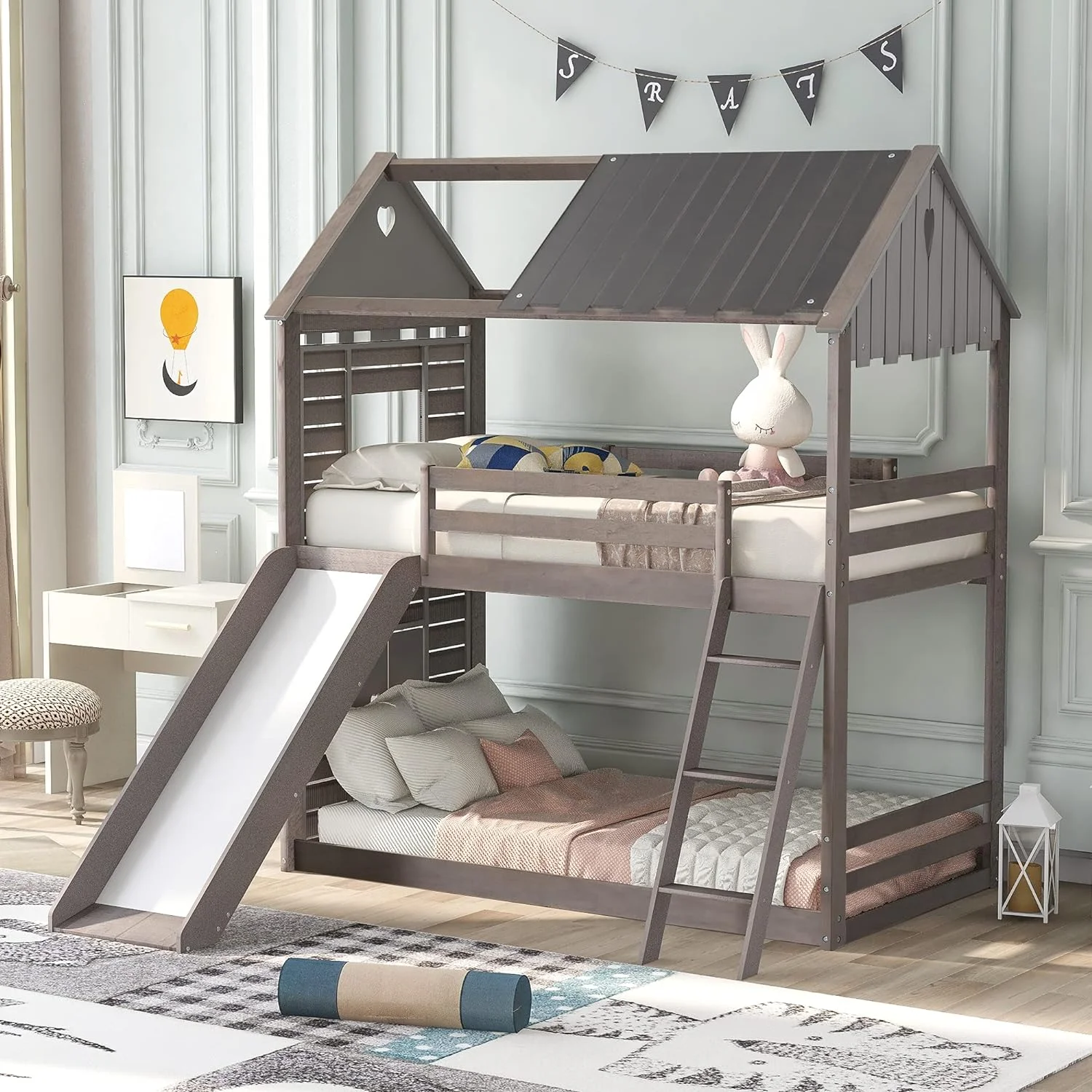 House Bunk Bed For Bedroom, Over Wooden Bed Wih Slide, Ladder, Roof, Window For Kids eens, Anique Gray