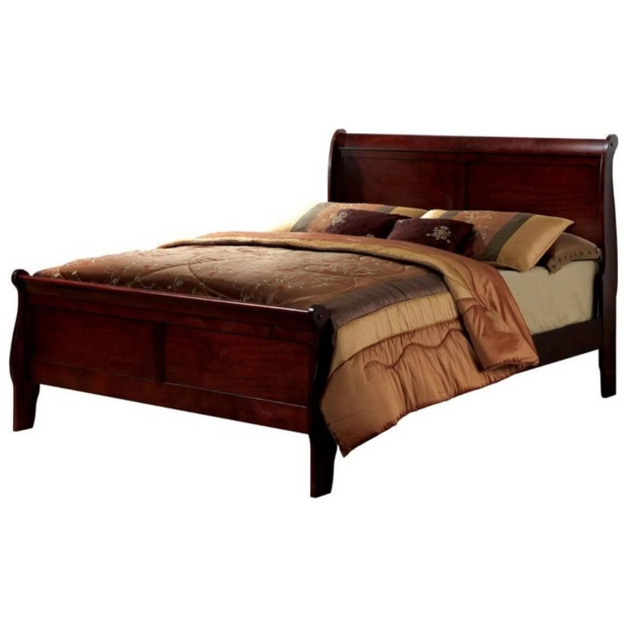 Transitional Style Cherry Sleigh Bed Queen Size Solid Wood Bedroom Furniture