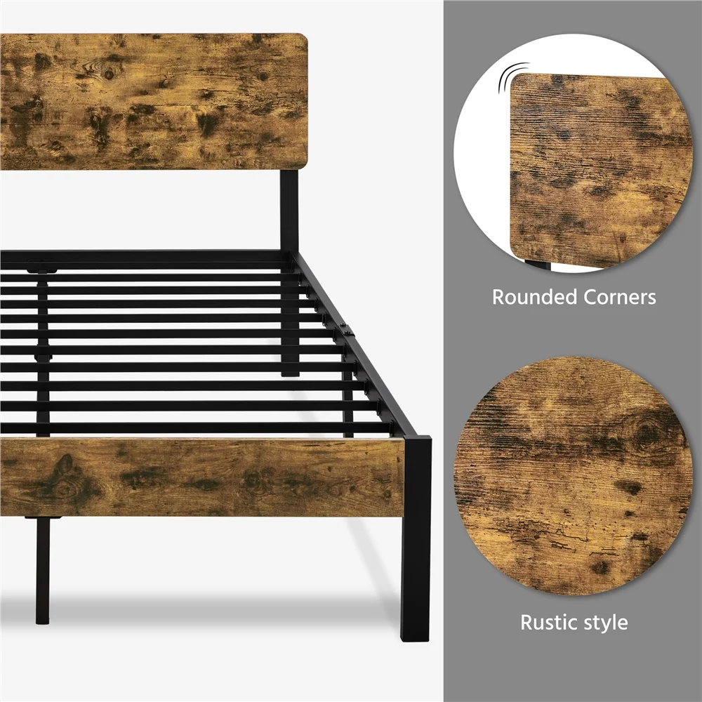 Easyfashion Metal Bed Frame with Wooden Headboard, Rustic Brown, Full