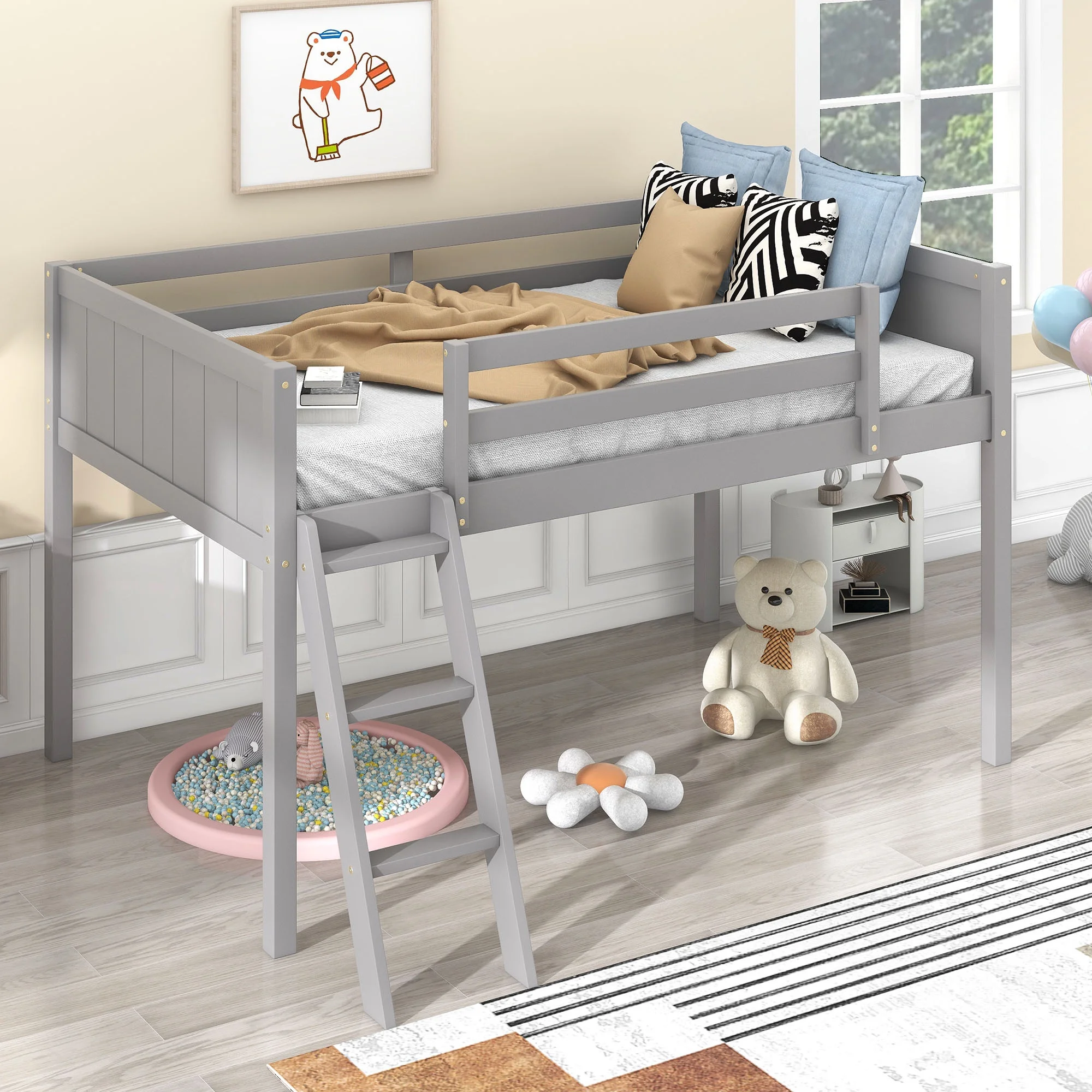 Versatile Gray Twin Low Loft Bed with Adjustable Ladder Position - Arrives 2.2