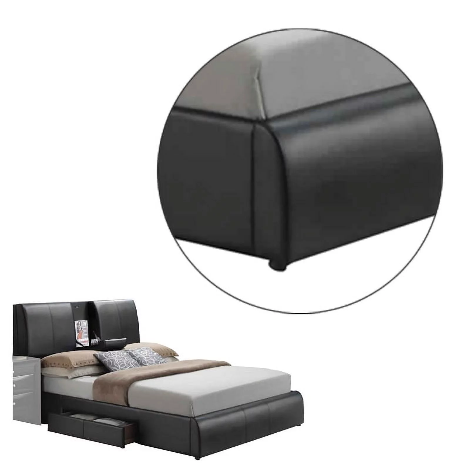 Faux Leather Eastern King Bed with Storage Headboard and Drop Tray Black