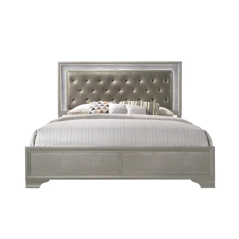 Modern Champagne Faux Finish 6pc Queen Size LED Headboard Bed Dresser Mirror Nightstand Chest Wooden Bedroom Storage Furniture Set