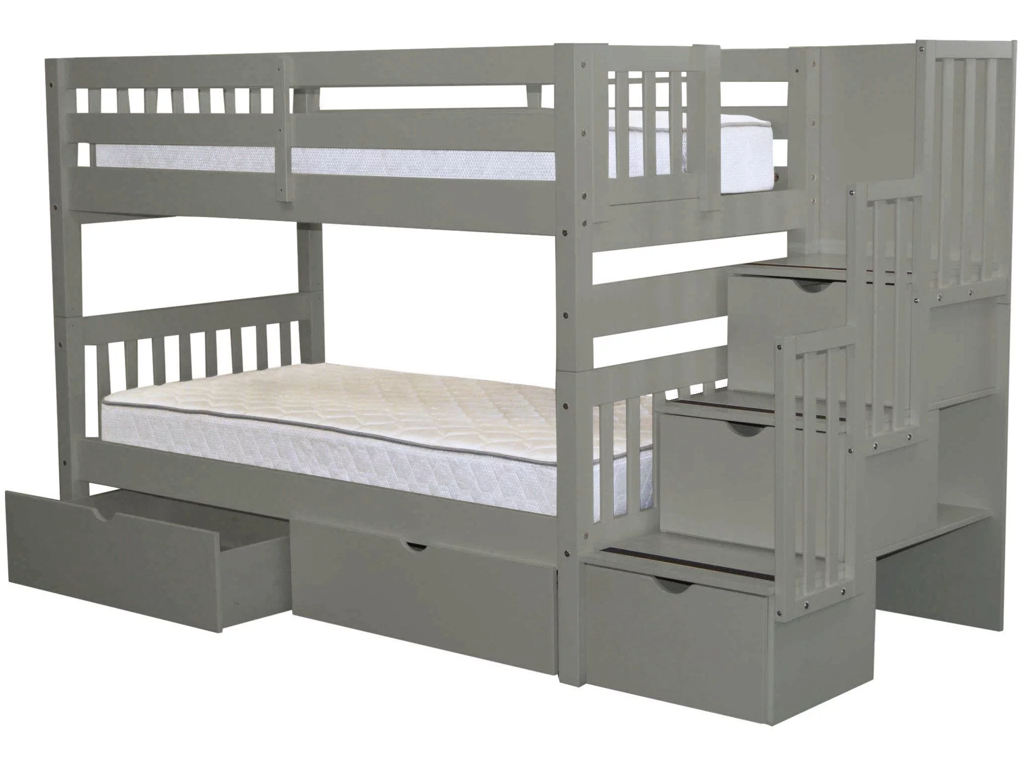 Bedz King Stairway Bunk Beds Twin over Twin with 3 Drawers in the Steps and 2 Under Bed Drawers, Gray