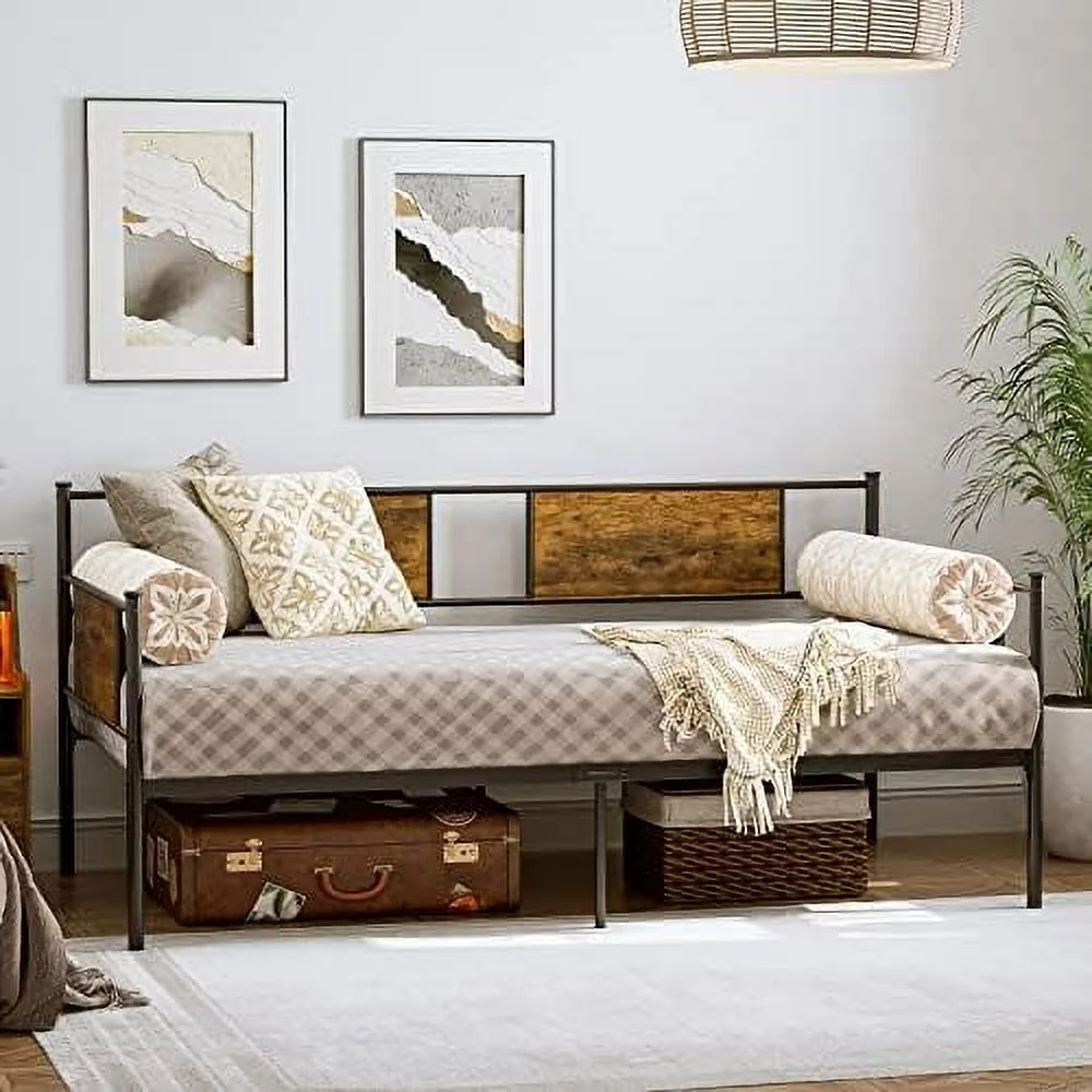 YZboomLife Twin Size Metal Daybed Frame  Heavy Duty Steel Slats Support  Sofa Bed Platform Mattress Foundation  Farmhouse Industrial Style  Multi-Functional  - Black/Rustic Brown