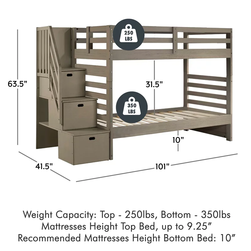 My Bed Now Everest Twin-over-Twin Solid Wood Bunk Bed with Staircase in Brown