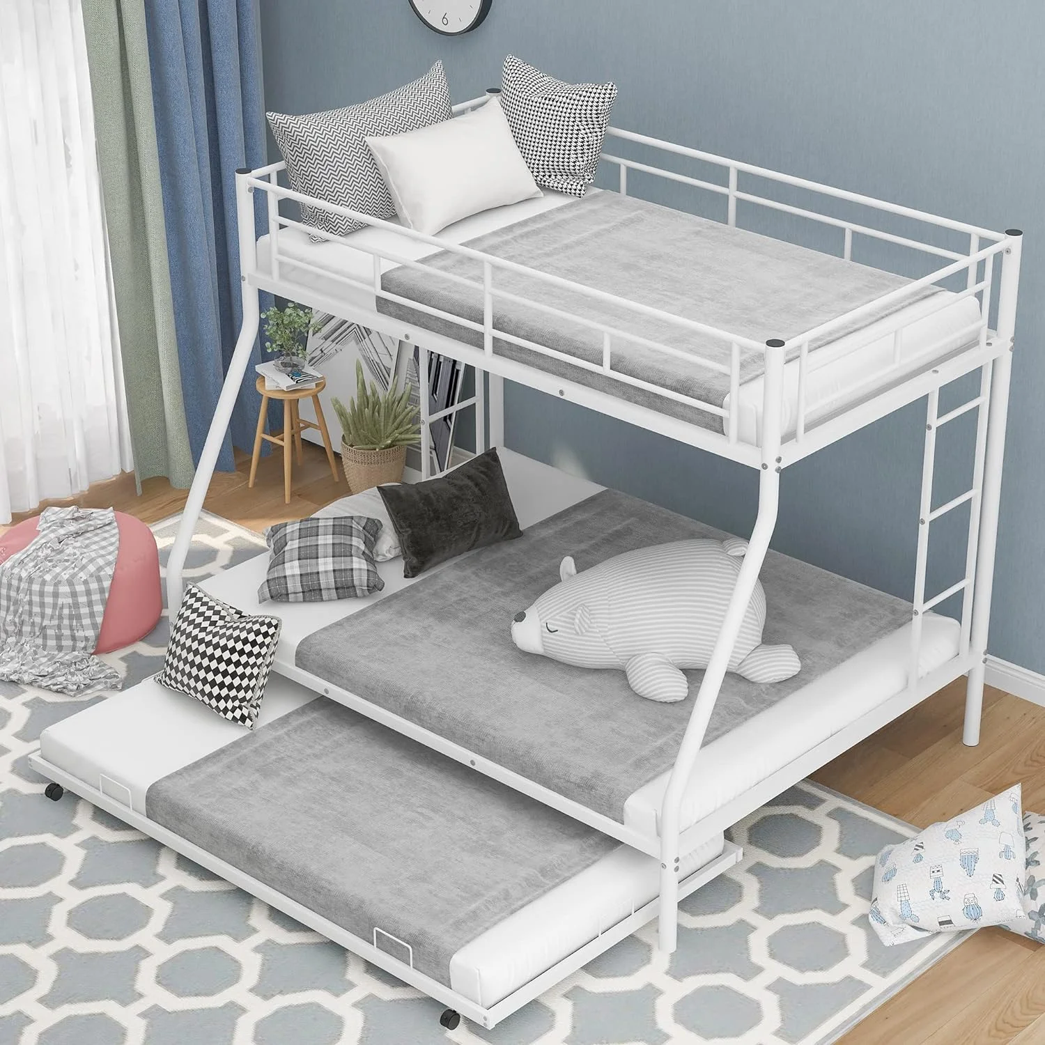 YGDU Twin Over Full Bunk Bed with Sturdy Steel Frame, Bunkbed with Twin-Size Trundle, Two-Side Ladders for Kids Teens Bedroom