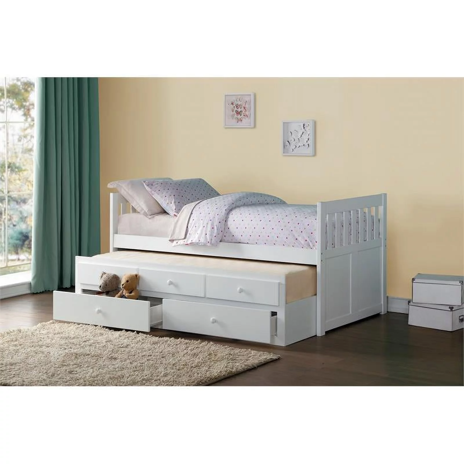 Lexicon Galen Wood Twin Bed with 2 Storage Drawer Trundle Bed in White