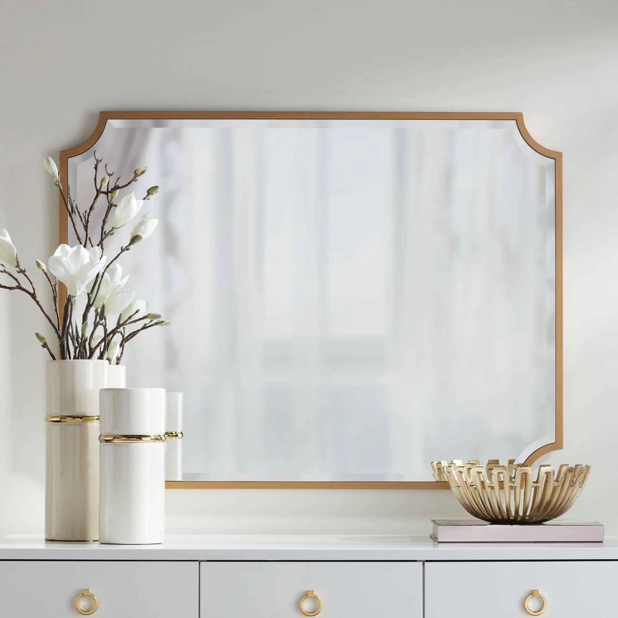 Noble Park Jacinda Rectangular Vanity Decorative Wall Mirror Modern Beveled Rounded Cut Edge Gold Frame 30