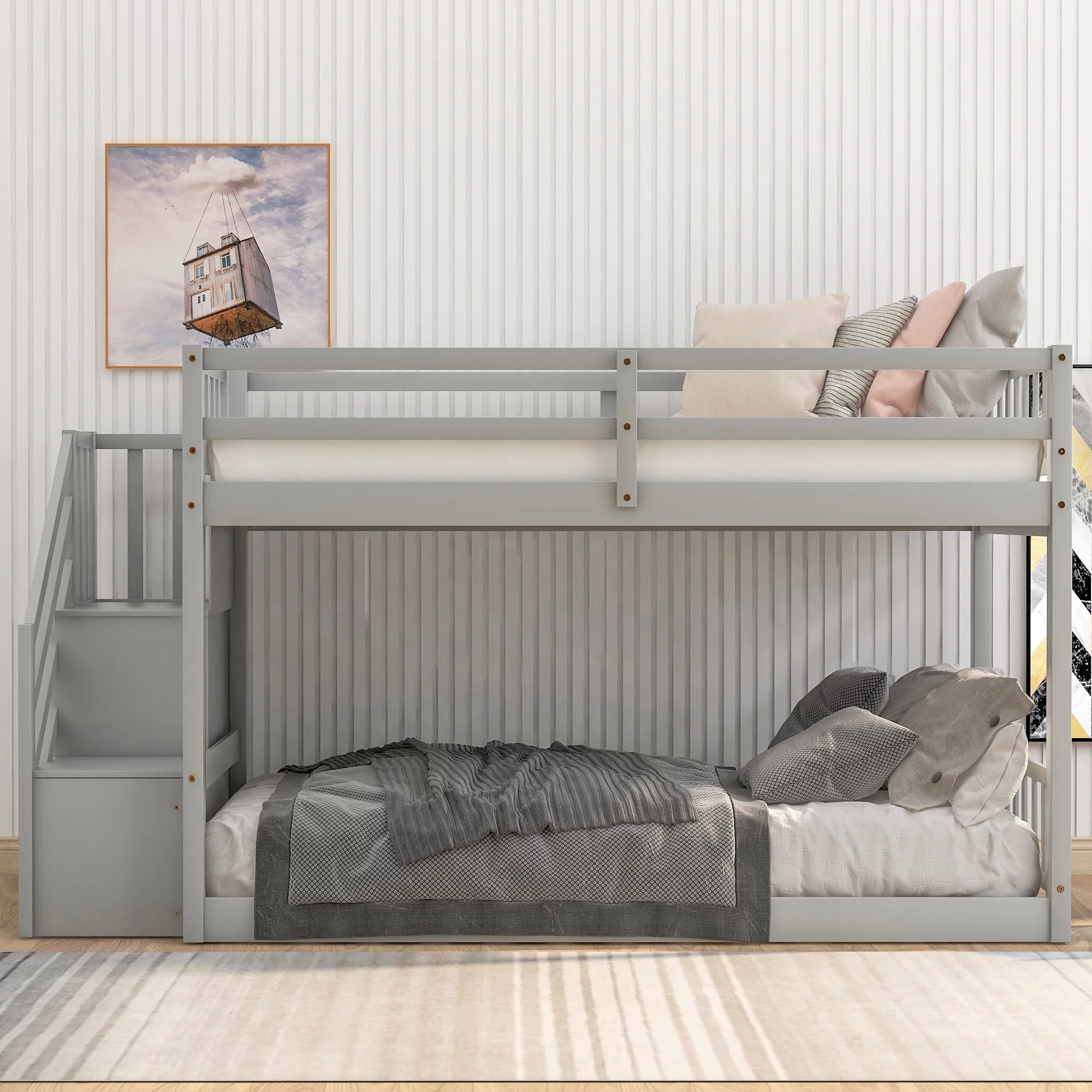 Euroco Wood Twin over Twin Floor Bunk Bed with Staircase for Kids Room, Gray