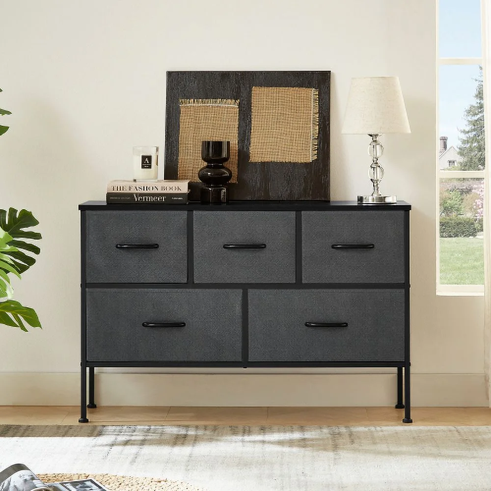 Dresser for Bedroom with 5 Drawers, Wide Chest of Drawers, Fabric Dresser - Dark Gray