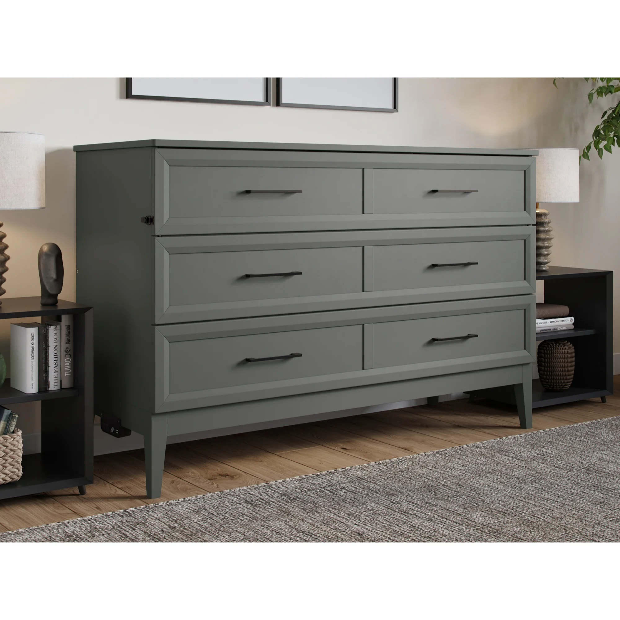 Santa Fe Queen Murphy Bed Chest with Mattress & Built-in Charger in Gray