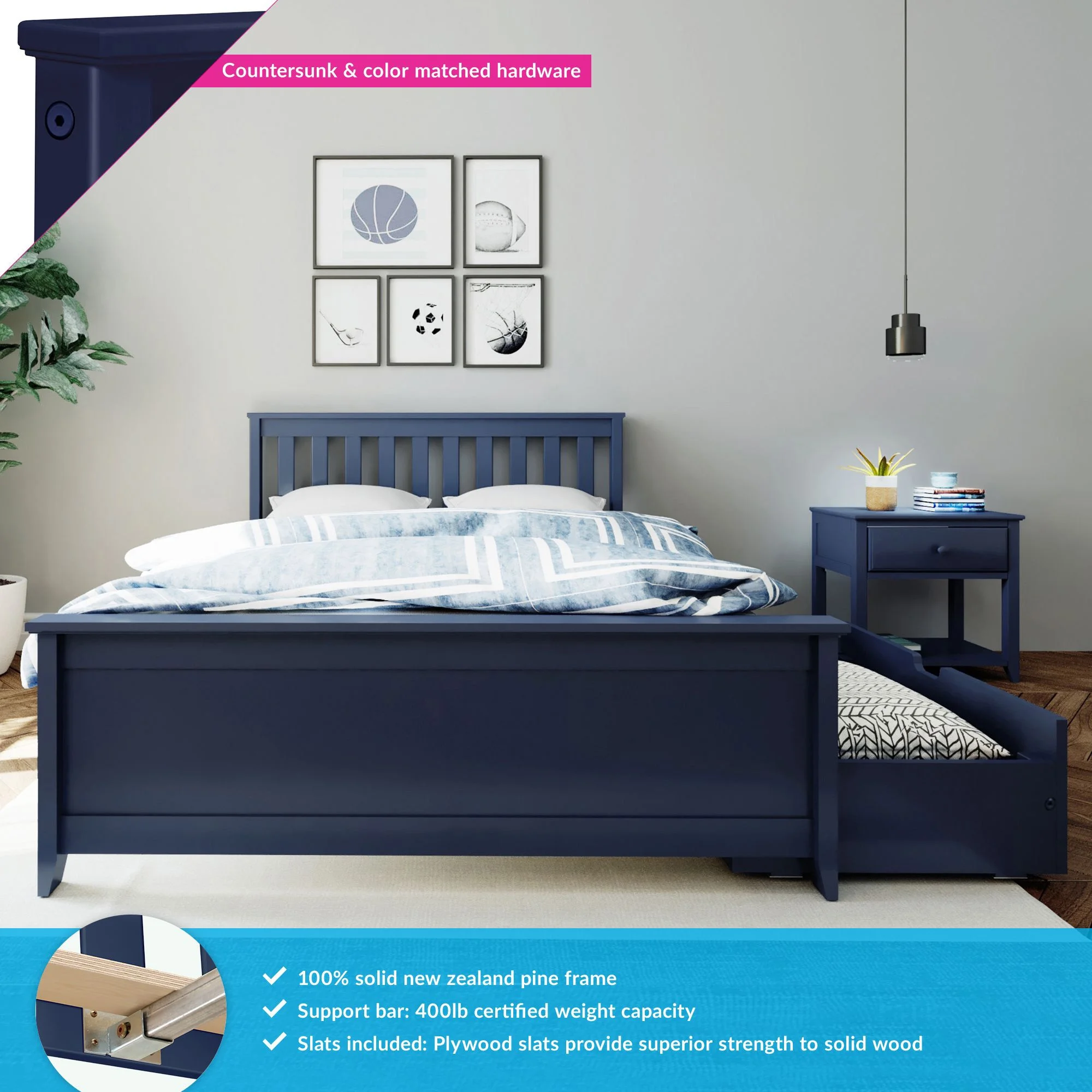 Max & Lily Full Size Bed Frame with Storage Drawers, Solid Wood Platform Bed for Kids, Blue