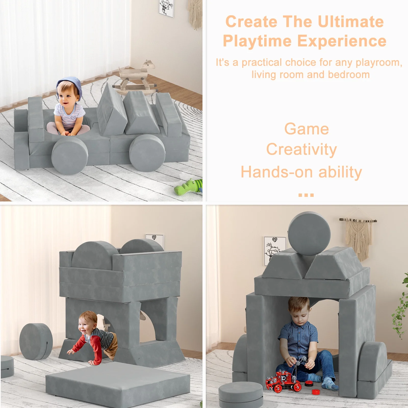 XJD 14pcs Modular Kids Play Couch, Child Sectional Sofa, Fortplay Bedroom and Playroom Furniture for Toddlers, Convertible Foam and Floor Cushion for Boys and Girls, Gray