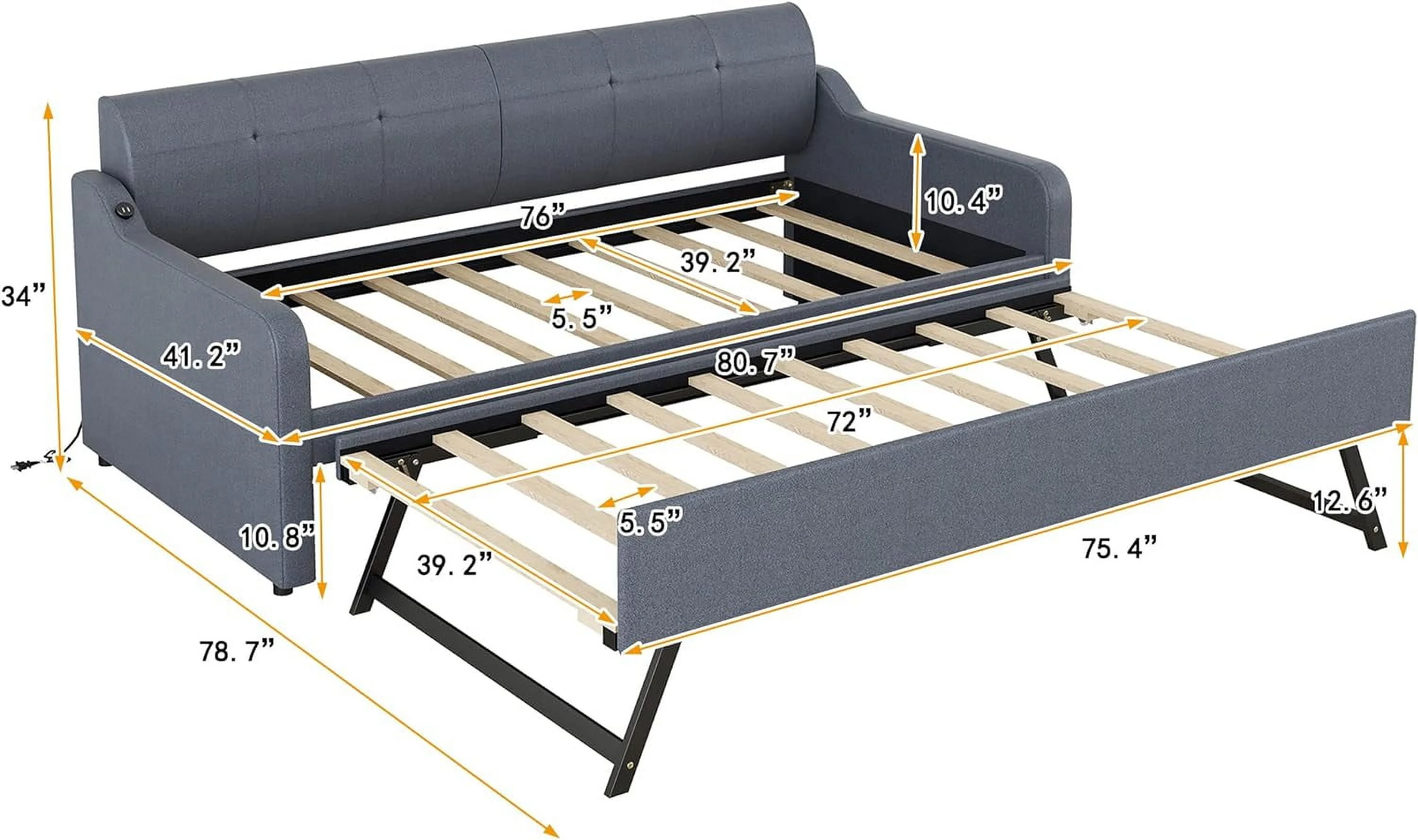 Size Upholstery Daybed With Trundle And USB Charging Design, Trundle Can Be Flat Or Erected, Daybed With Slat, No Box Spring Need (Gray)