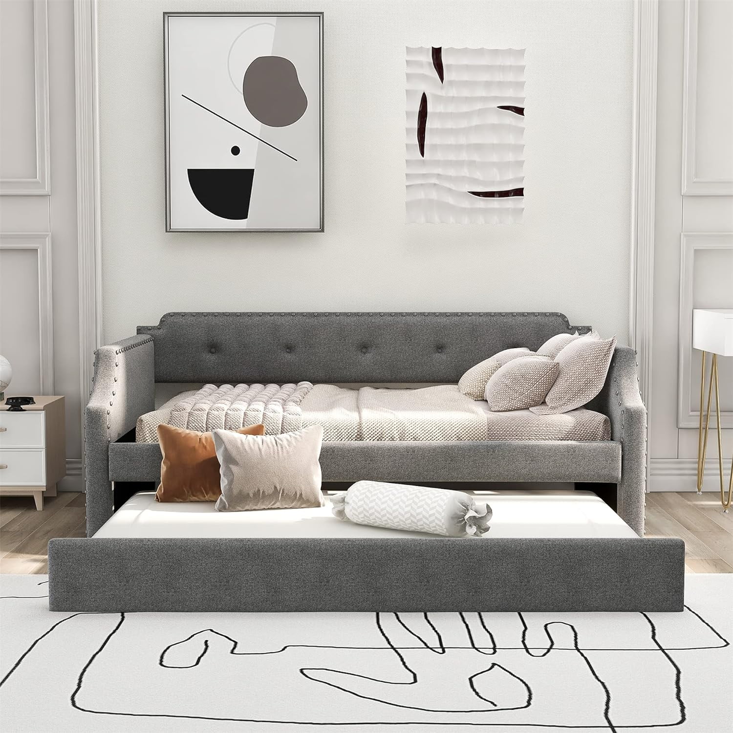 Daybed With Trundle, Upholstered Daybed With Trundle, Size Trundle Daybed Sofa Bed For Bedroom Living Room,No Box Spring Needed, Gray