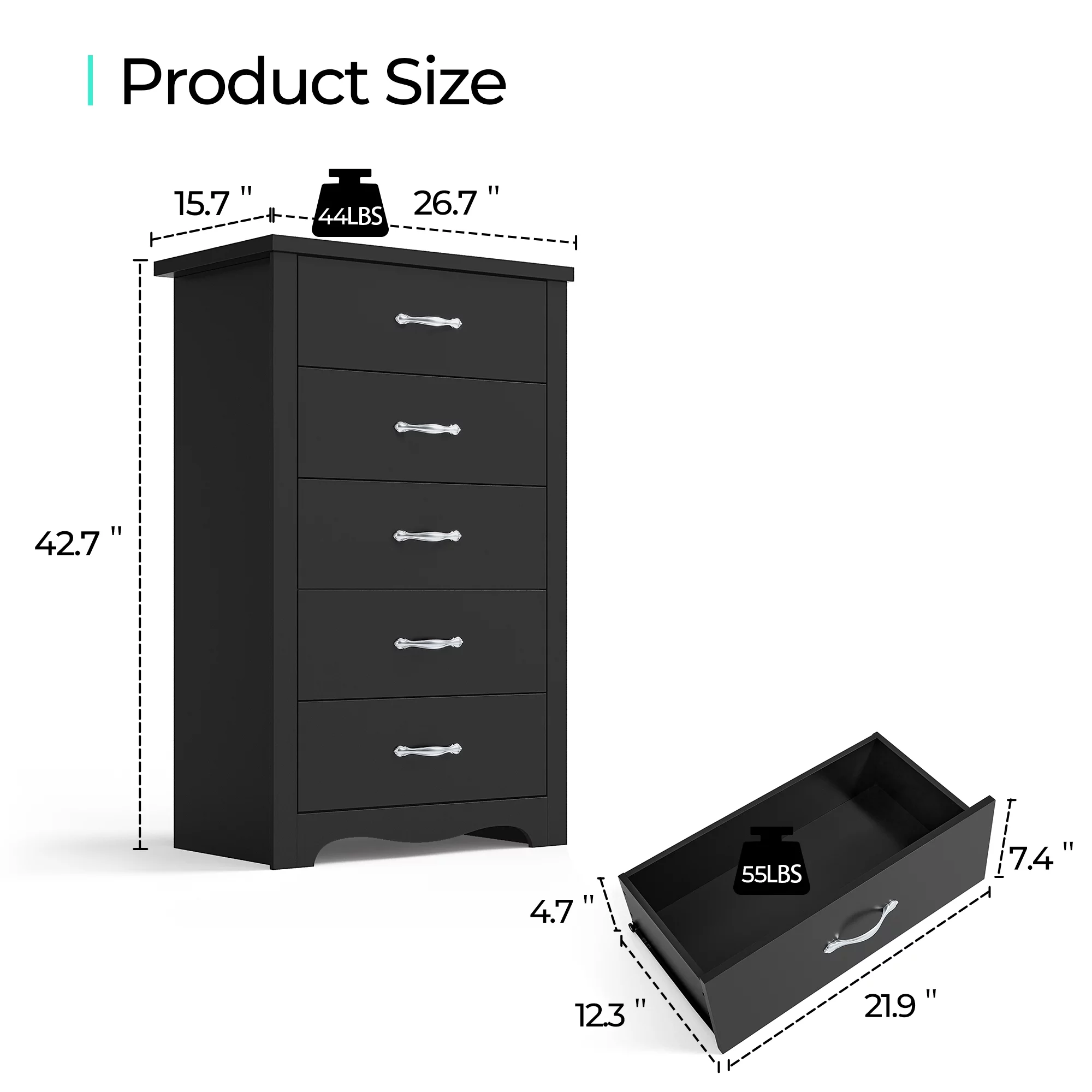 LINSY HOME Dressers for Bedroom, 5 Drawers Chest, Nursery Dresser Organizer, Tall Dresser Chest of Drawers - Black