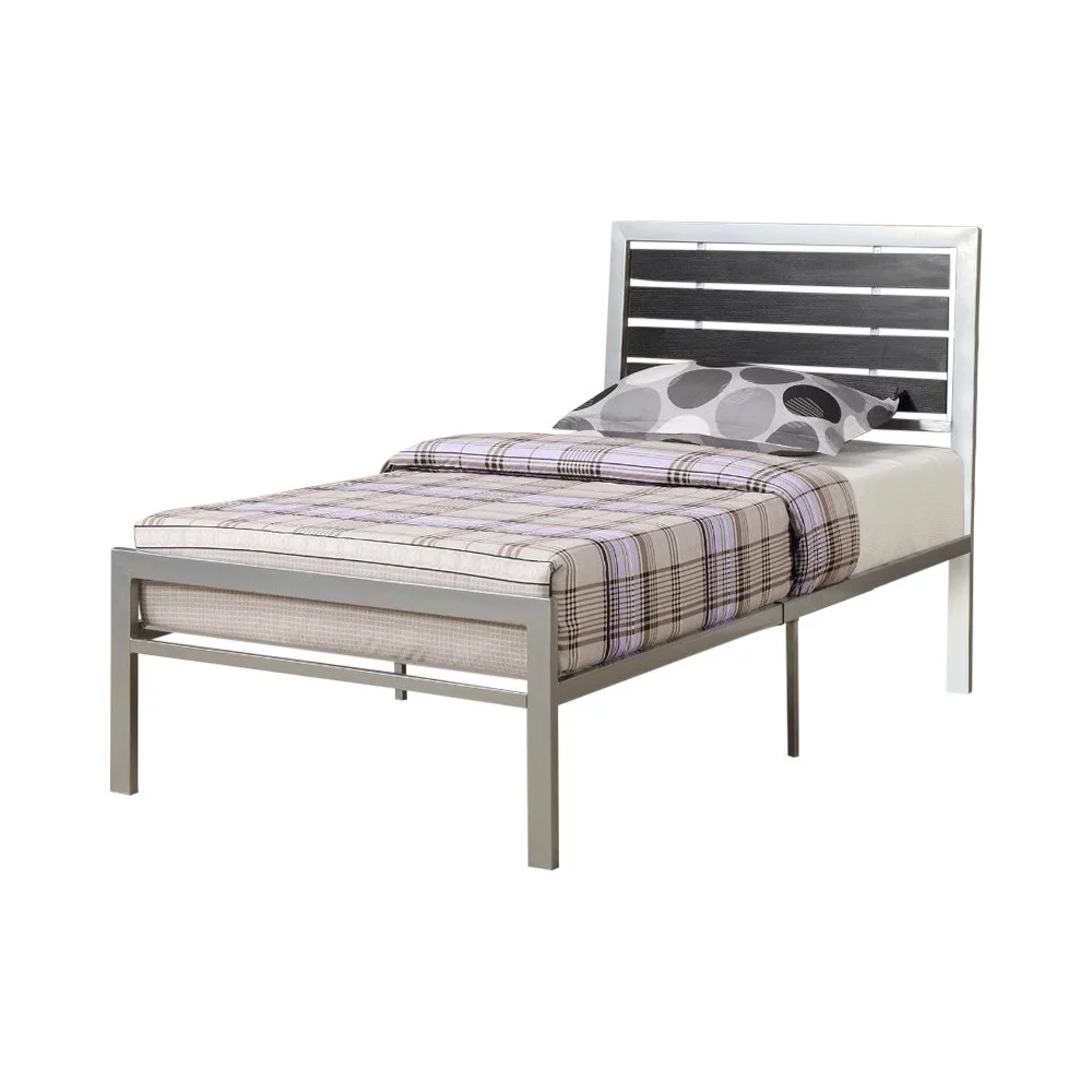 Poundex Metal Twin Size Bed With Wood Panel Headboard Silver & Black