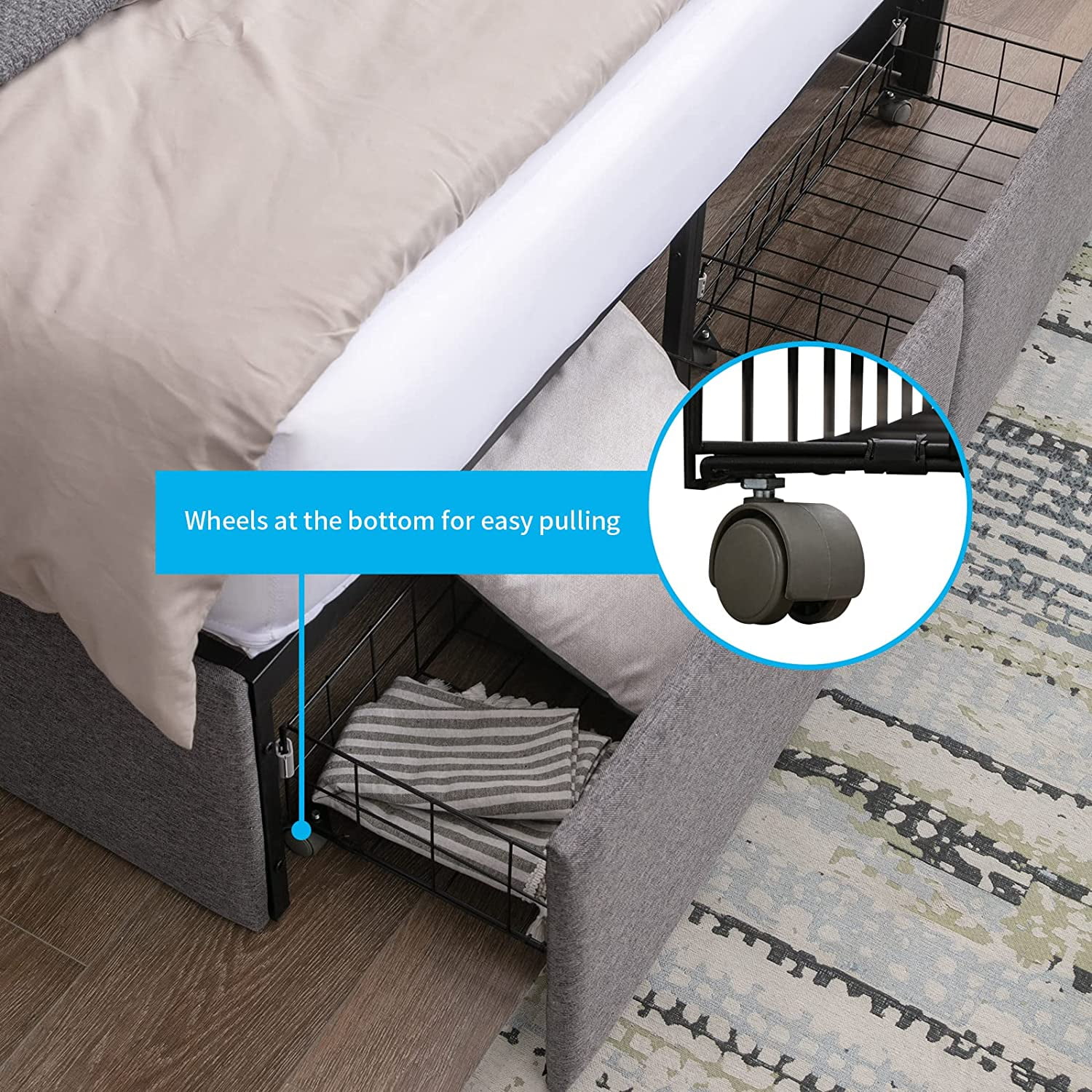 Puremind Queen Size Bed Frame with 4 Storage Drawers,Upholstered Platform Metal Bed with Premium Linen Fabric,Queen Bed Base Frame with Metal Support,Easy Assembly/Space Saving-Dark Grey