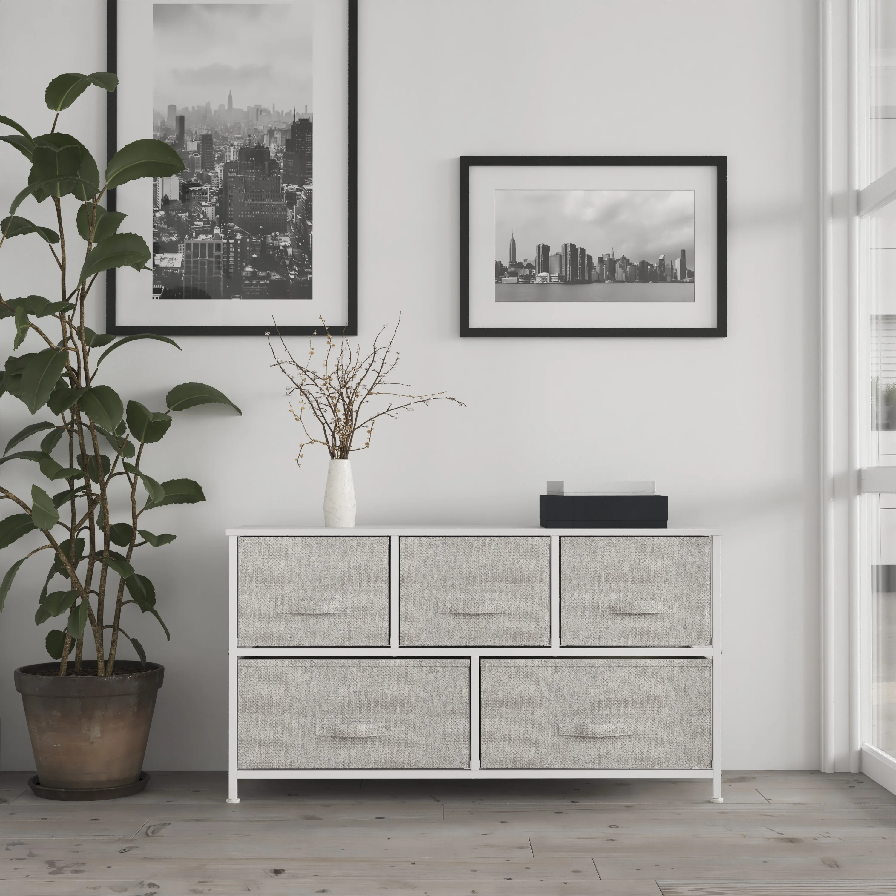 HBCY Creations Storage Dresser - Wood Top - White Metal Frame - Five Gray Easy Pull Fabric Drawers - Assembles in 10 Minutes or Less